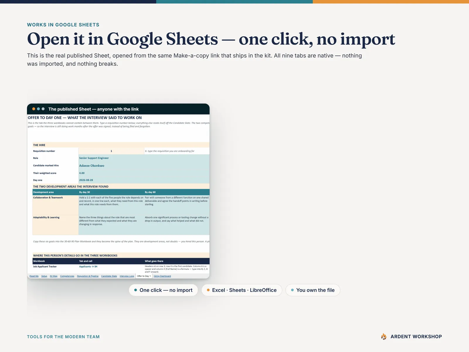 Open the Hire & Onboard Kit in Google Sheets with one click - all nine tabs native, no import