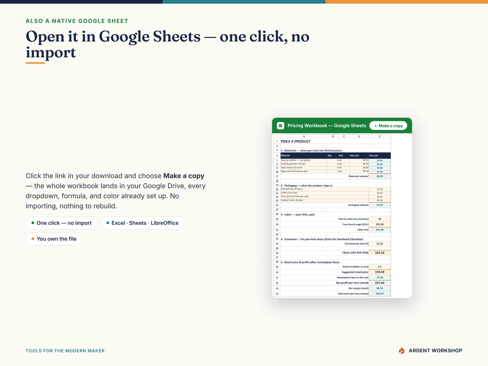 Handmade-Seller Pricing & Profit Workbook — also a native Google Sheet, open the included link and click Make a copy, no import needed