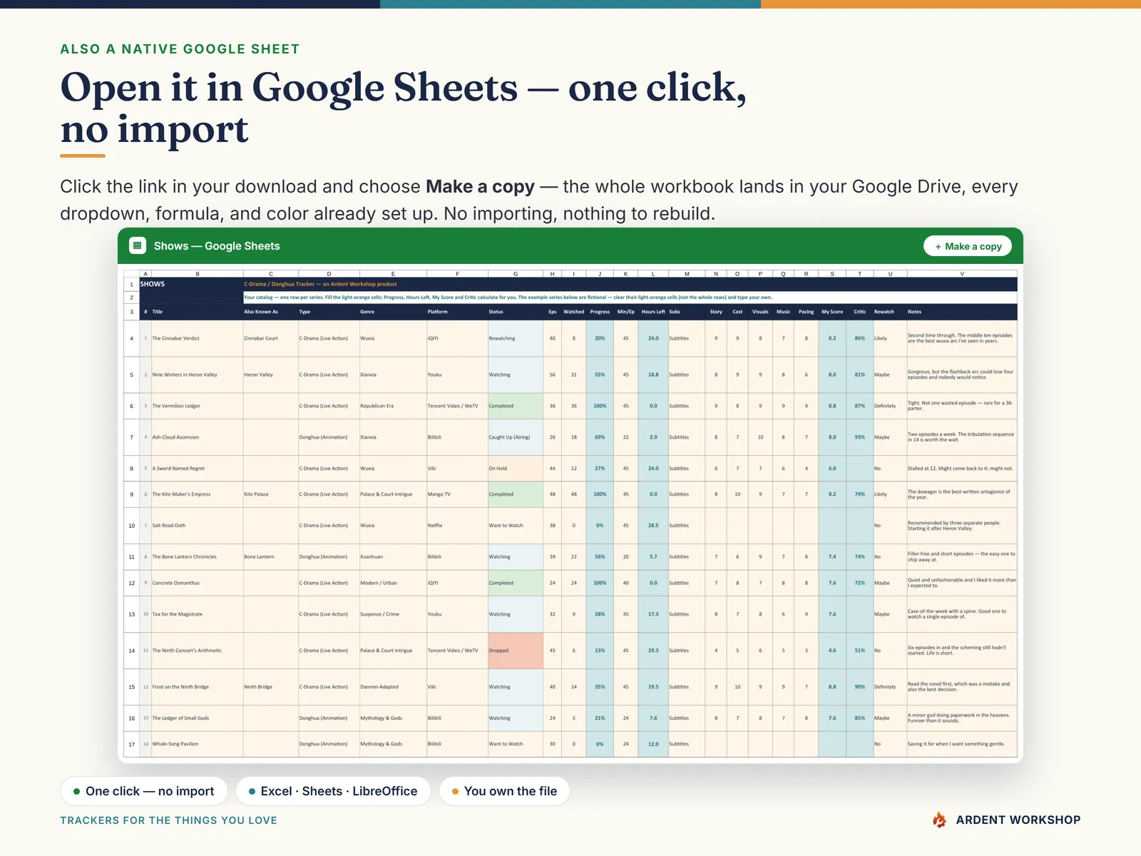 Open the C-Drama & Donghua Tracker in Google Sheets with one click — a native copy, no import needed