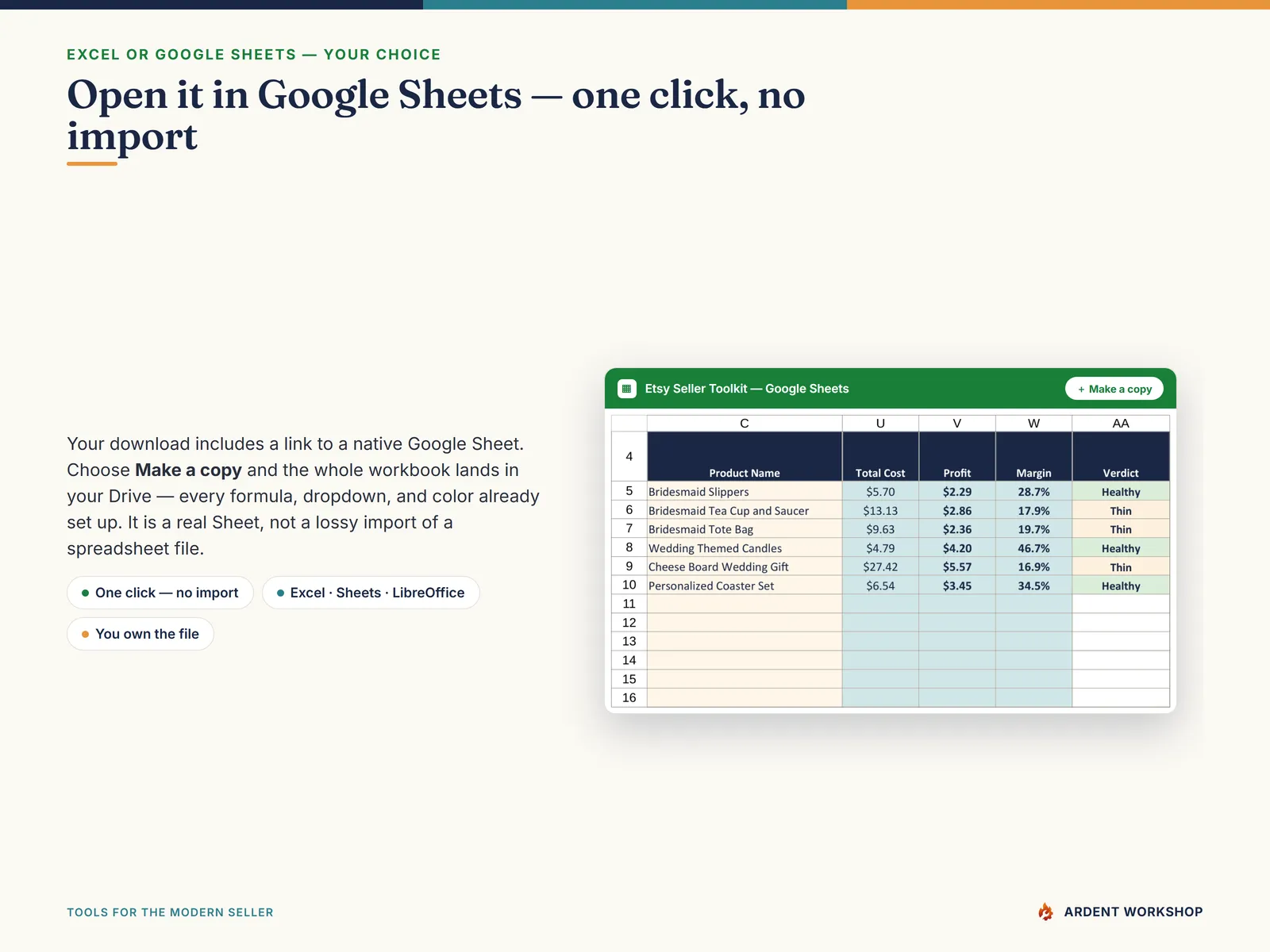 Etsy Seller Toolkit — open it in Google Sheets in one click, a native copy rather than a lossy import; works in Excel, Google Sheets, and LibreOffice
