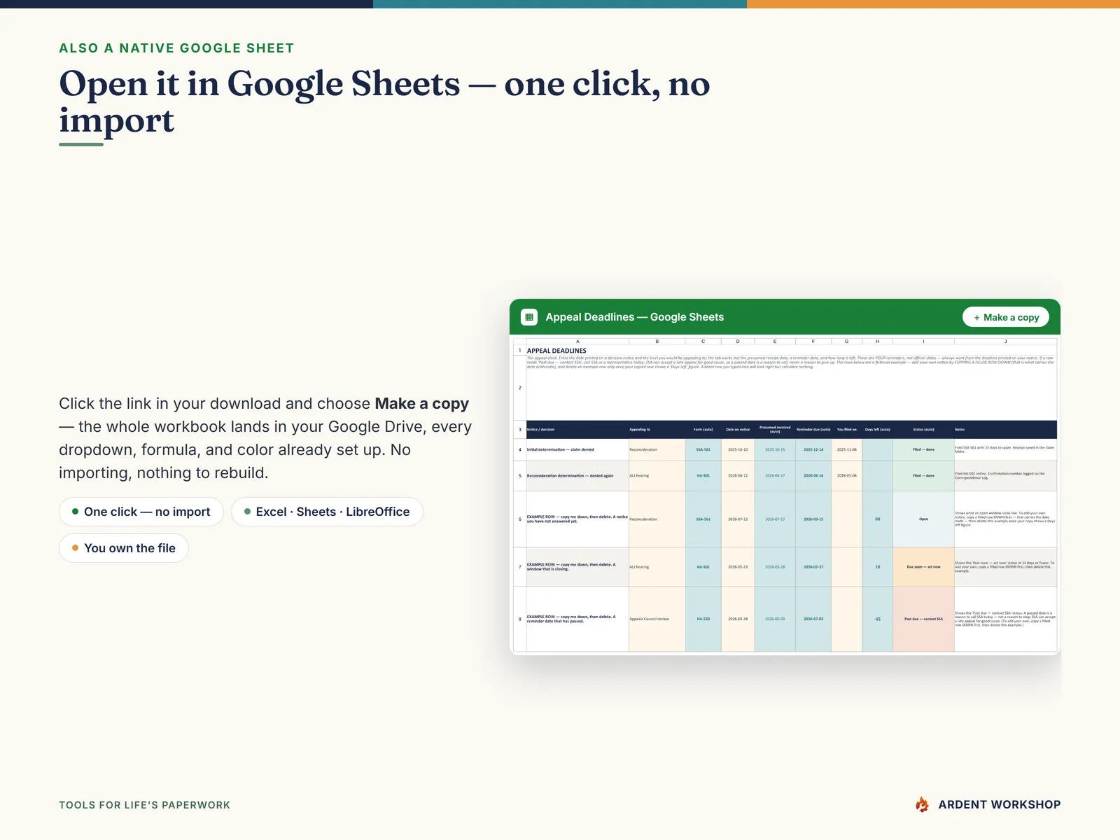 Also a native Google Sheet — open the included link and click Make a copy, no import needed