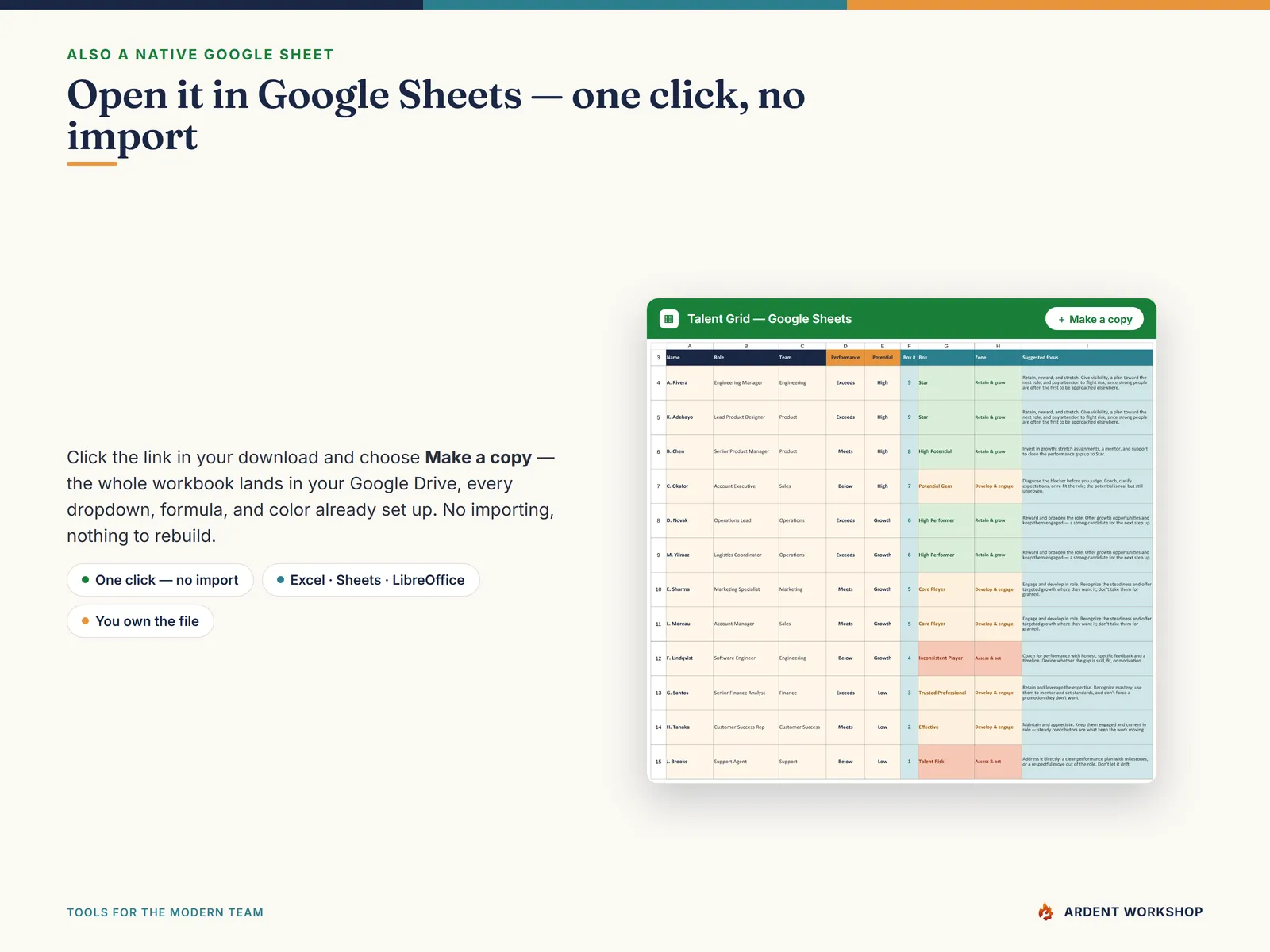Also a native Google Sheet — open the included link and click Make a copy, no import needed