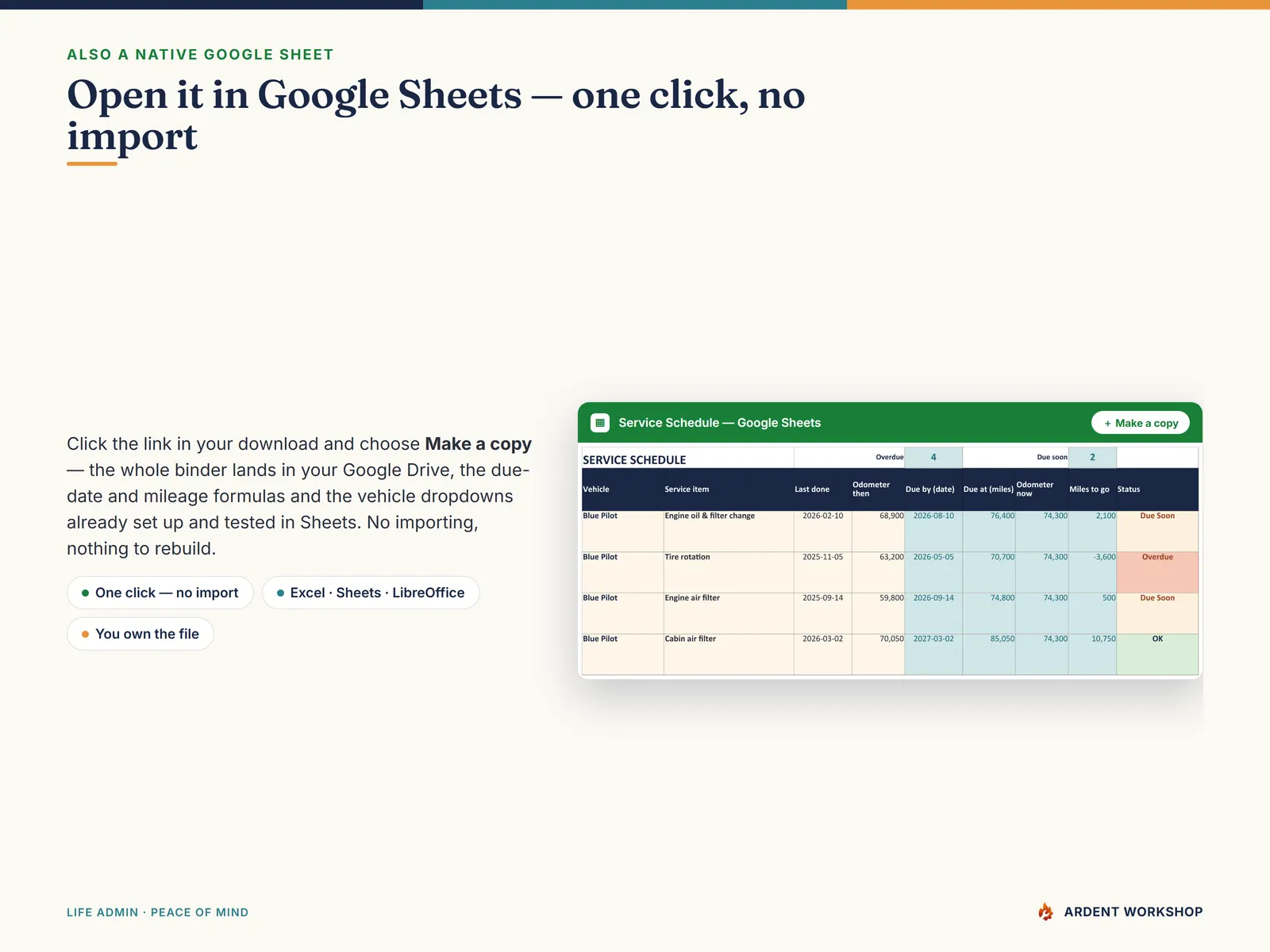 Open the Vehicle & Auto Records Binder in Google Sheets with one click — a native Make a copy link, no import needed
