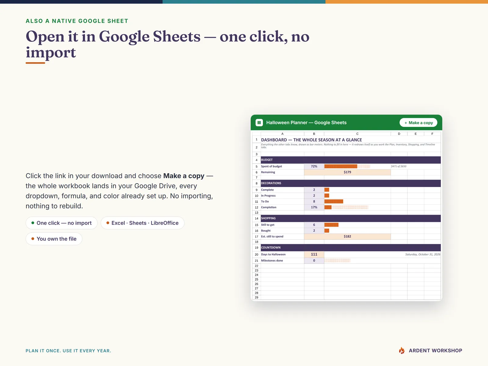 Open the Halloween Decoration Planner in Google Sheets — one click, no import