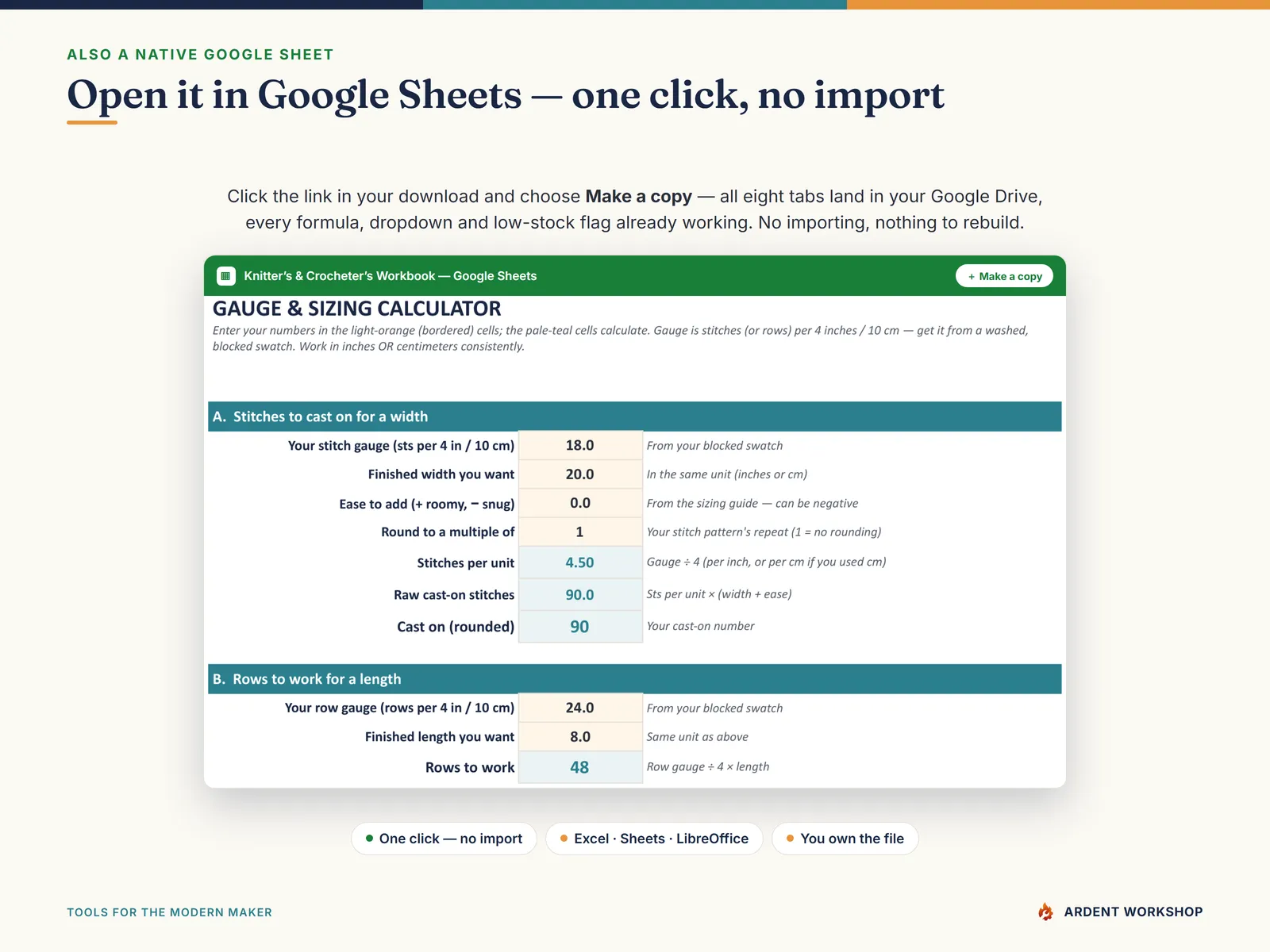 The Knitter's & Crocheter's Workbook running natively in Google Sheets — the gauge & sizing calculator, with Make a copy