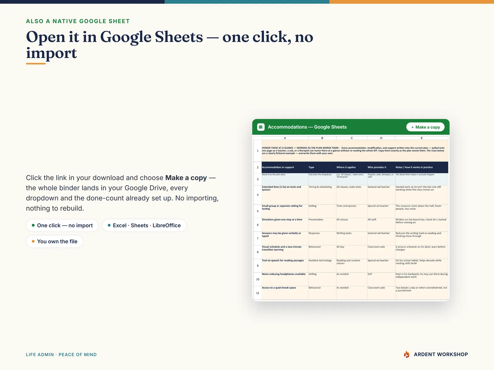IEP Records & Care Binder — also a native Google Sheet, open the included link and click Make a copy, no import needed
