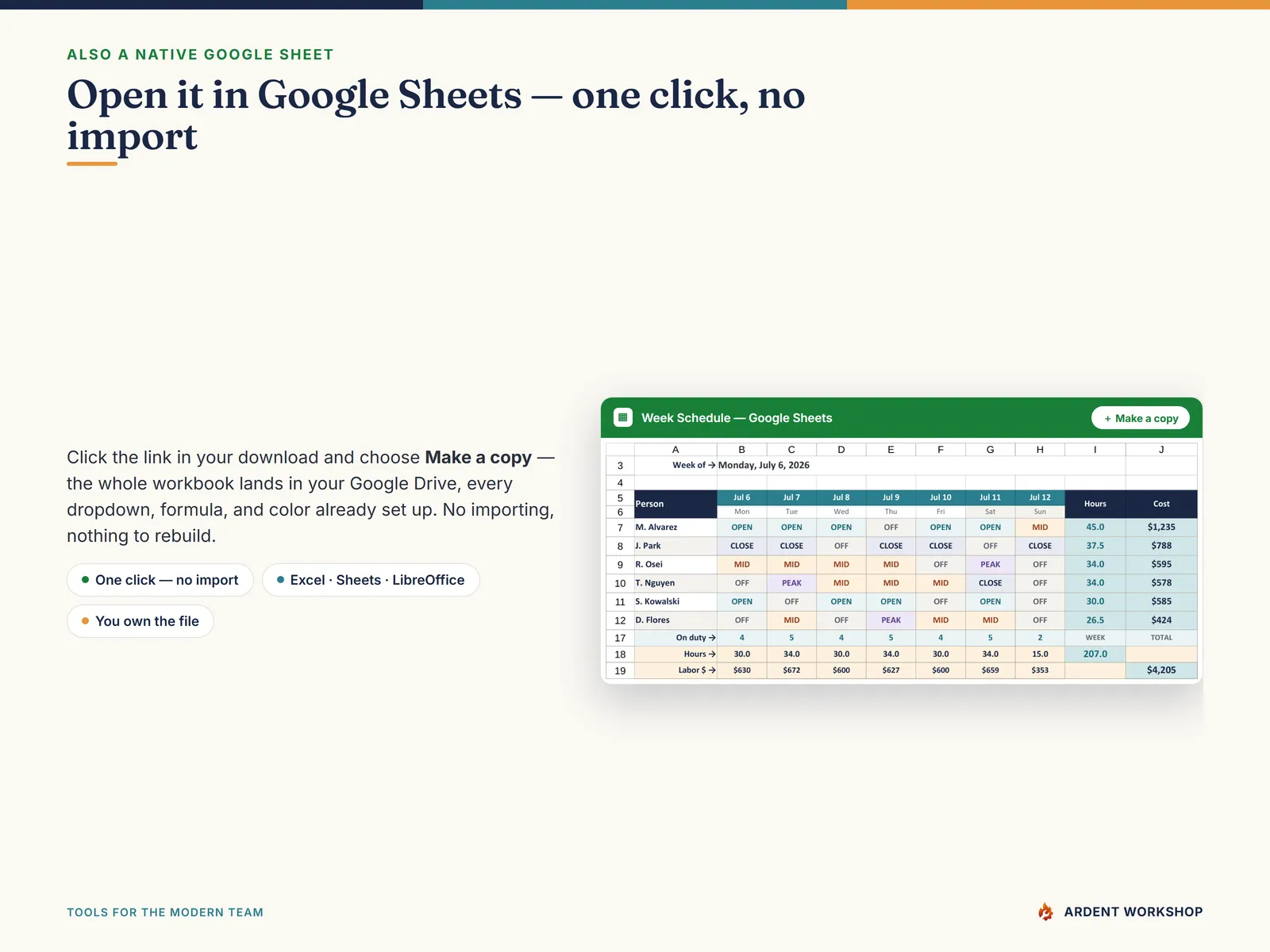 Also a native Google Sheet — open the included link and click Make a copy, no import needed