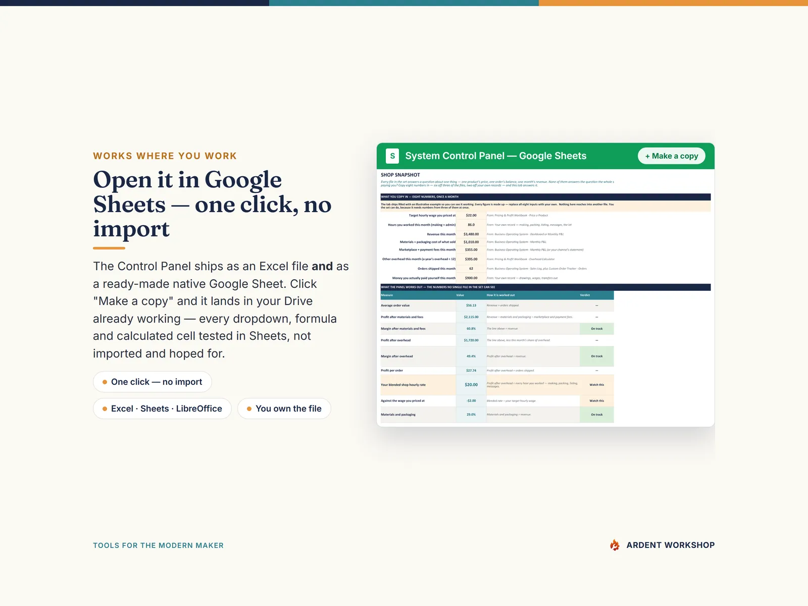 Open the Control Panel in Google Sheets in one click, no import needed