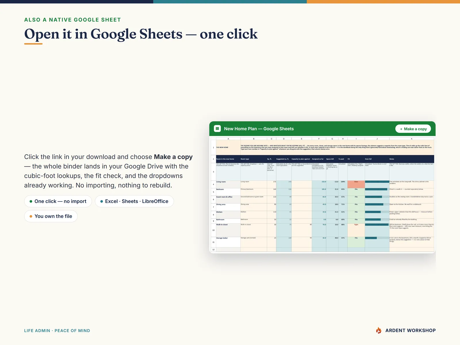 Open it in Google Sheets in one click — Make a copy, no import needed