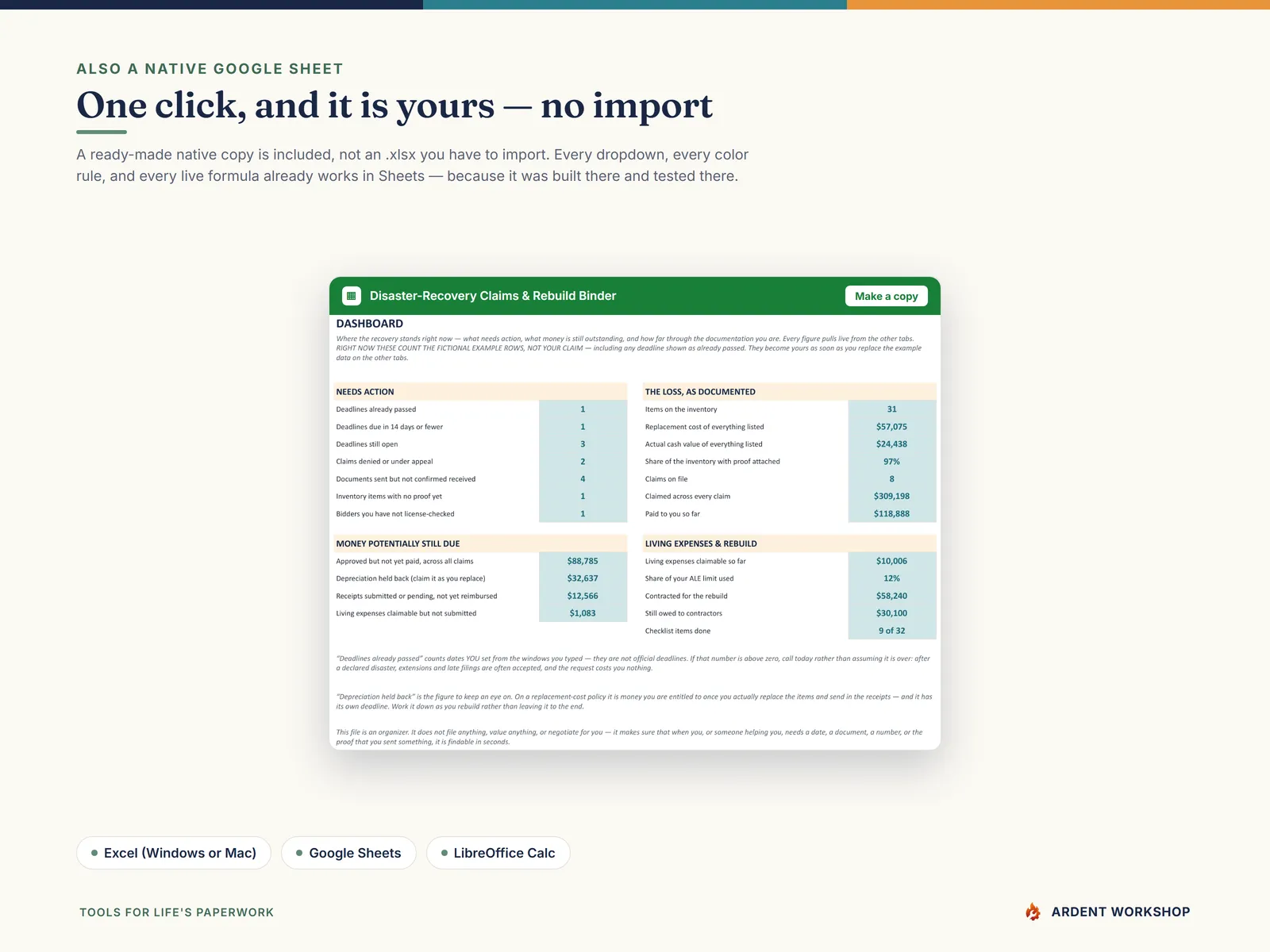 Also a native Google Sheet — open the included link and click Make a copy, no import needed