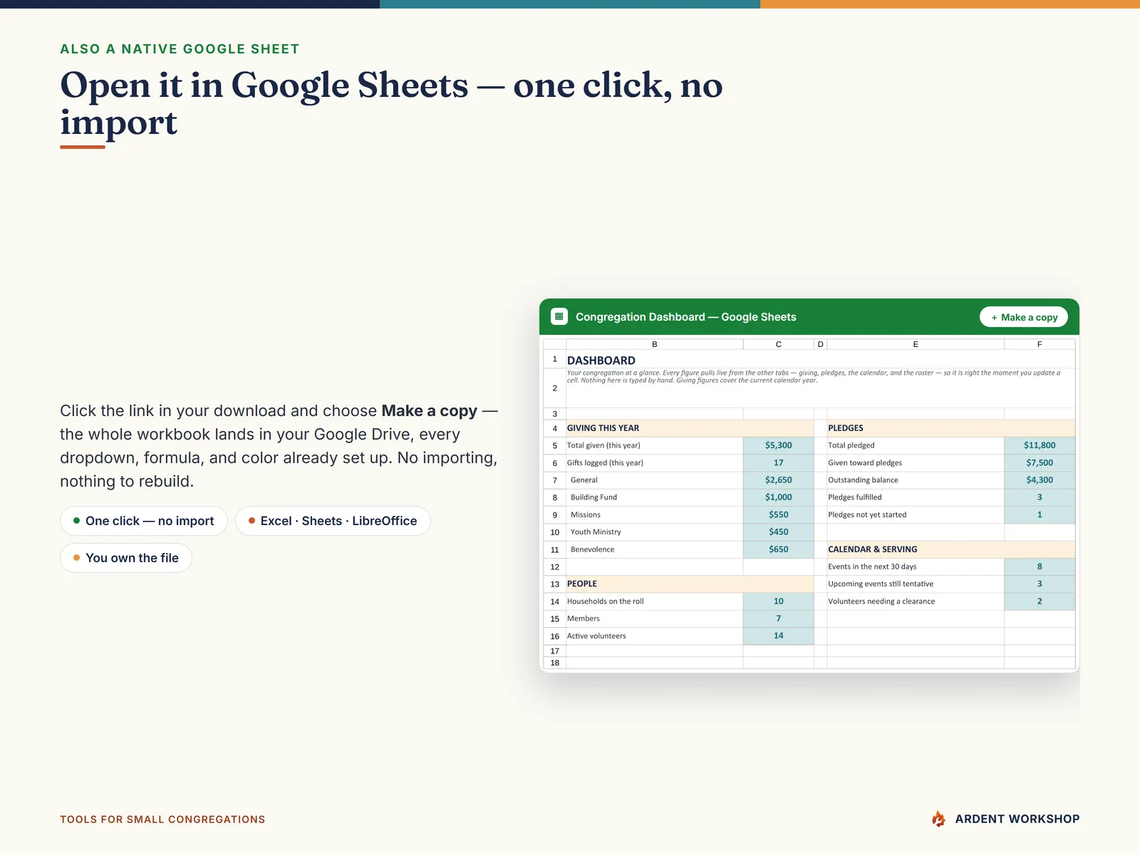 Also a native Google Sheet — open the included link and click Make a copy, no import needed