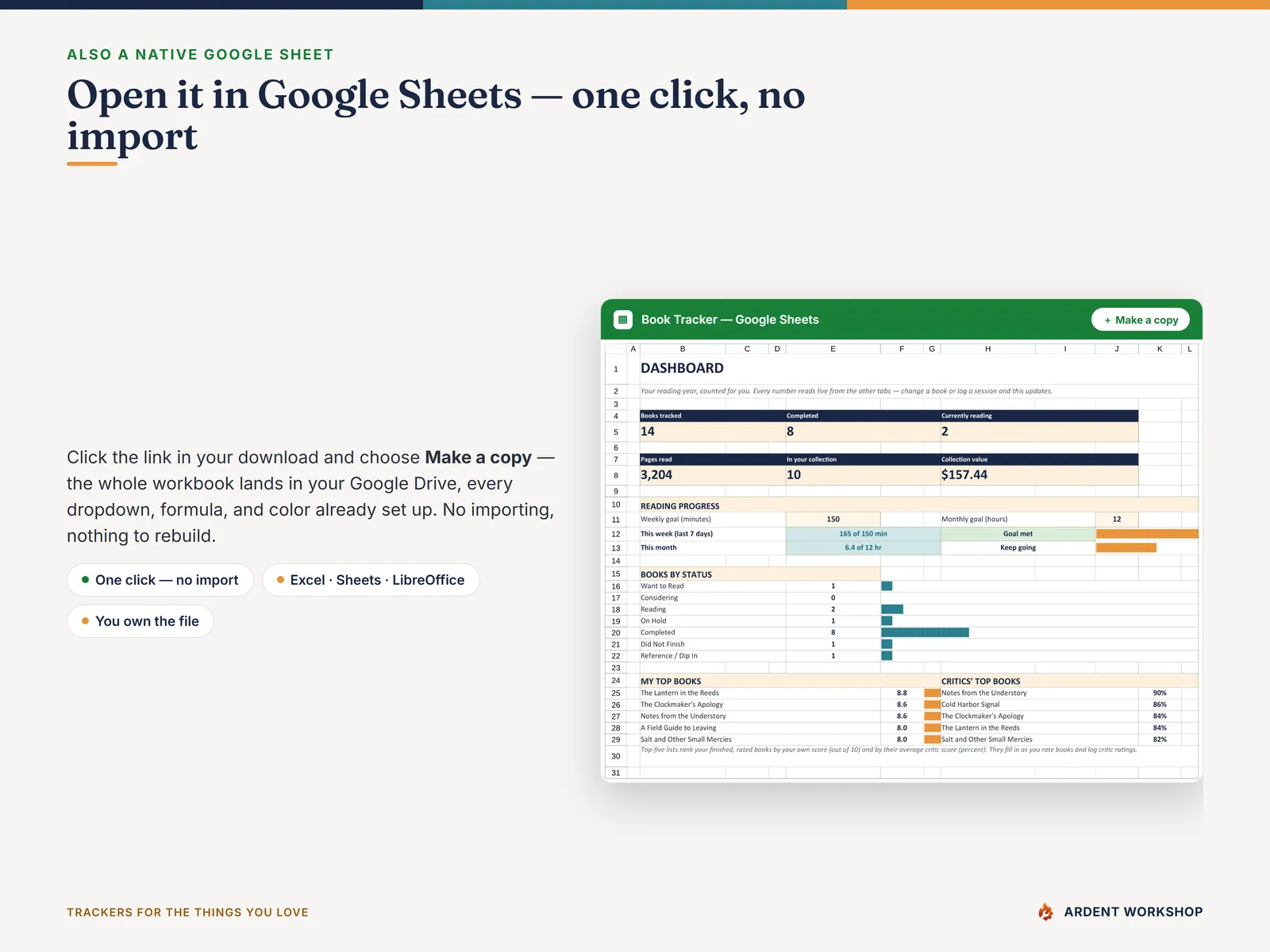Book Tracker — also a native Google Sheet: open the included link and click Make a copy, no import needed