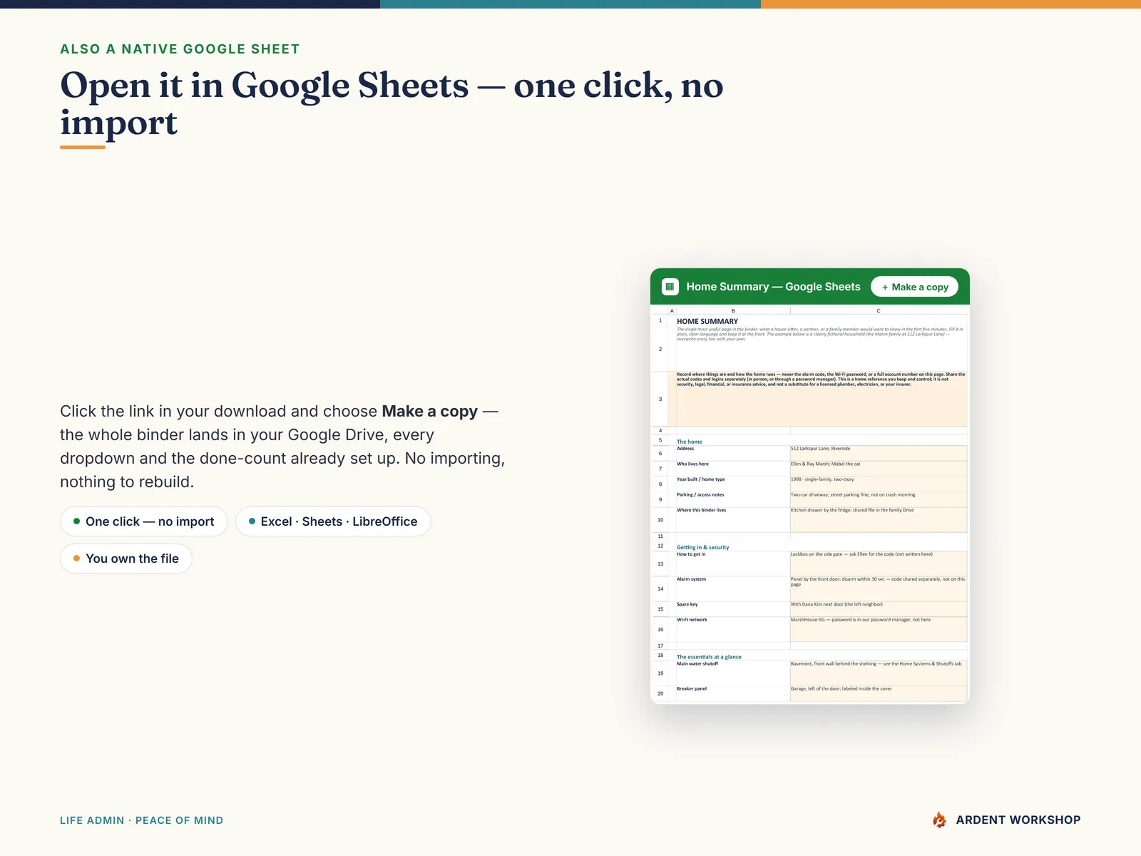 Household Operations Manual — also a native Google Sheet, open the included link and click Make a copy, no import needed