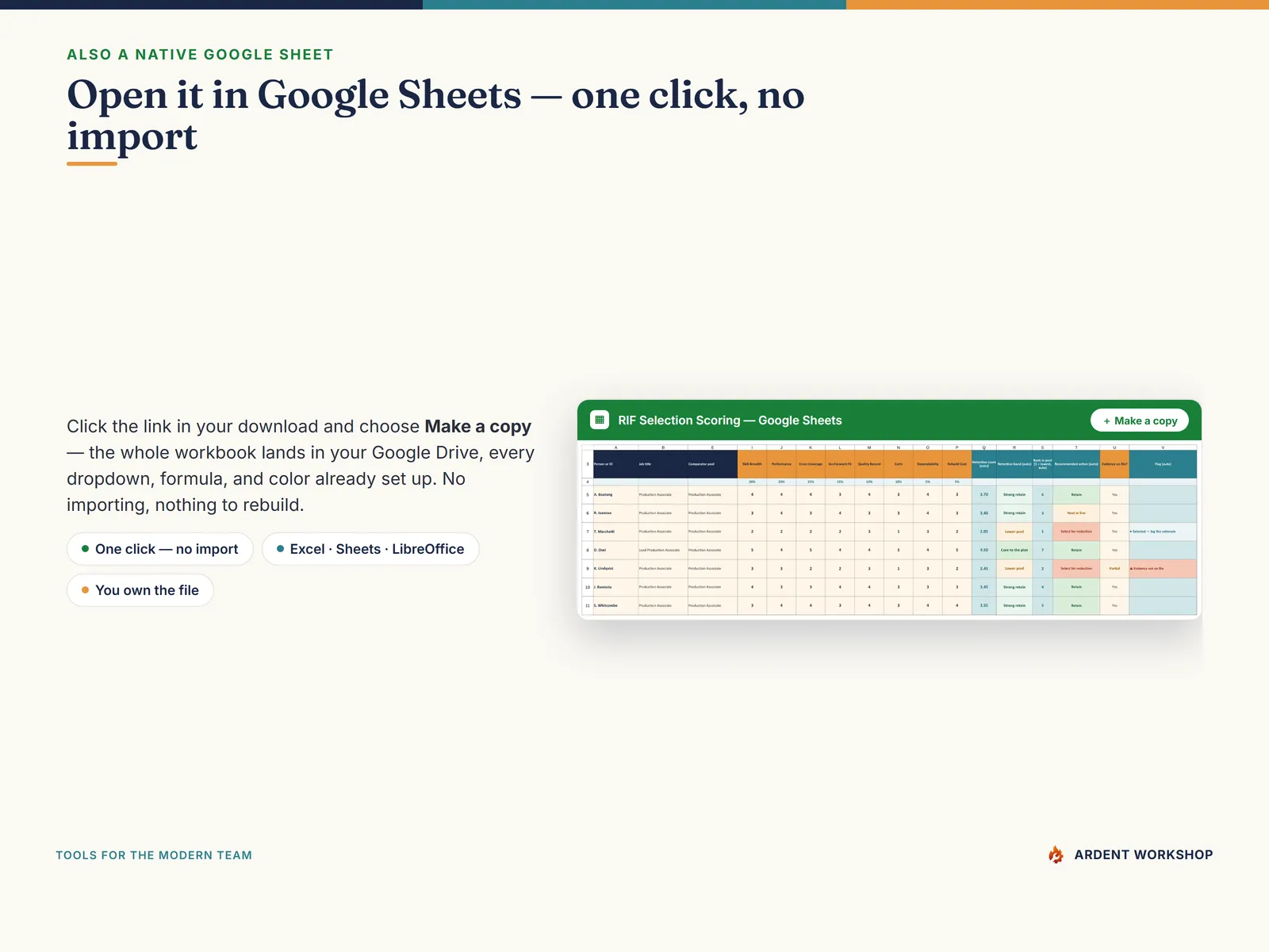 Also a native Google Sheet — open the included link and click Make a copy, no import needed
