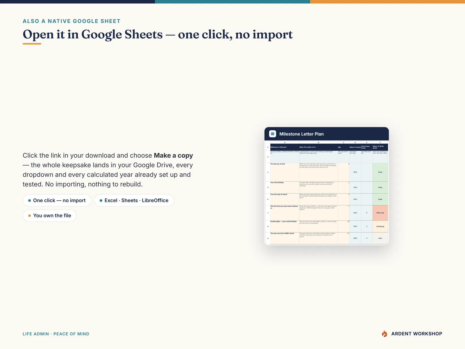 The same keepsake as a native Google Sheet — open the included link and click Make a copy, no import needed