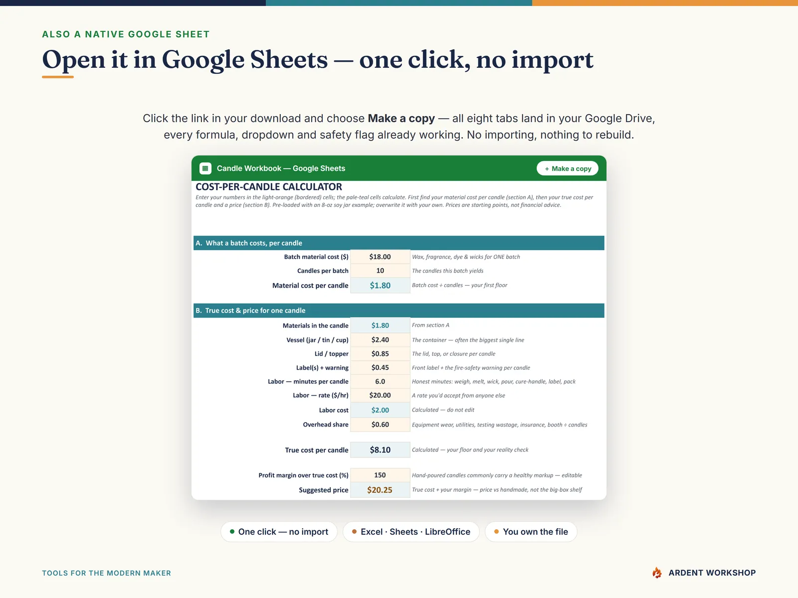 The native Google Sheets version — the Cost-Per-Candle Calculator open in Google Sheets with a Make a copy button, so all eight tabs land in your Drive with no importing