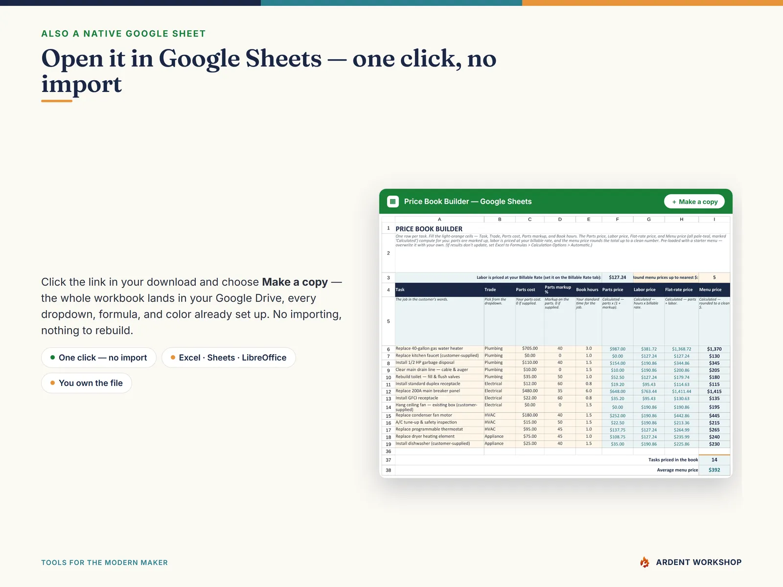 Flat-Rate Pricing Book — also a native Google Sheet; open the included link and click Make a copy, no import needed