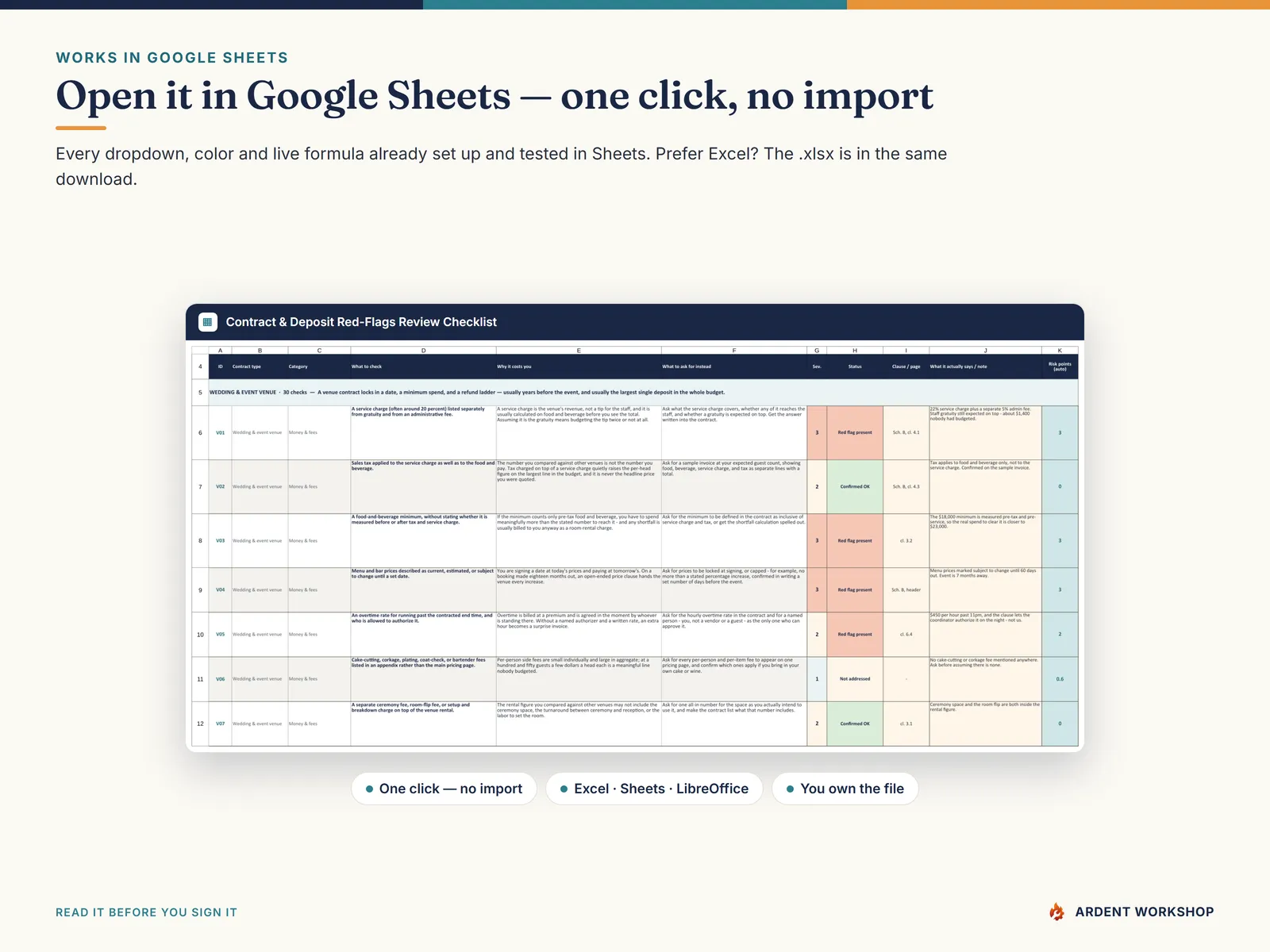 Open the Contract Red-Flags Review Checklist in Google Sheets with one click — Make a copy, no import needed