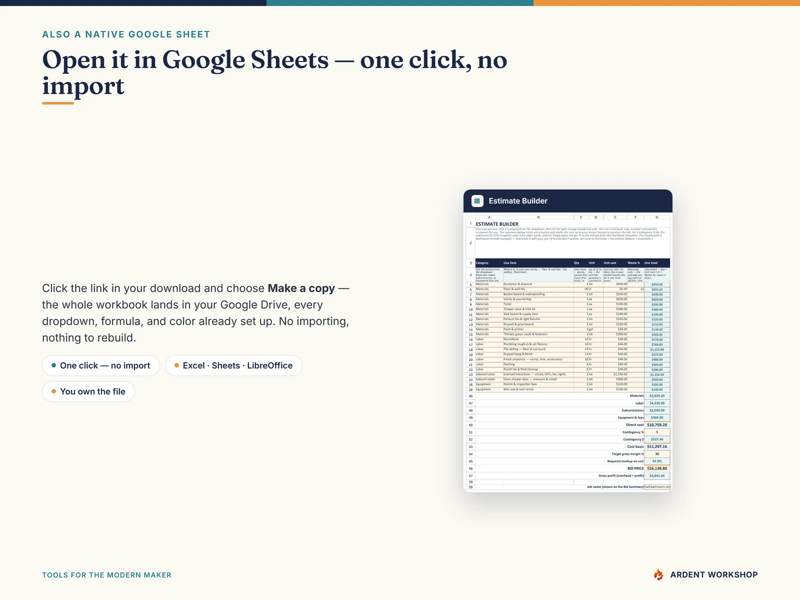 Contractor & Trades Estimating Workbook — also a native Google Sheet, open the included link and click Make a copy, no import needed