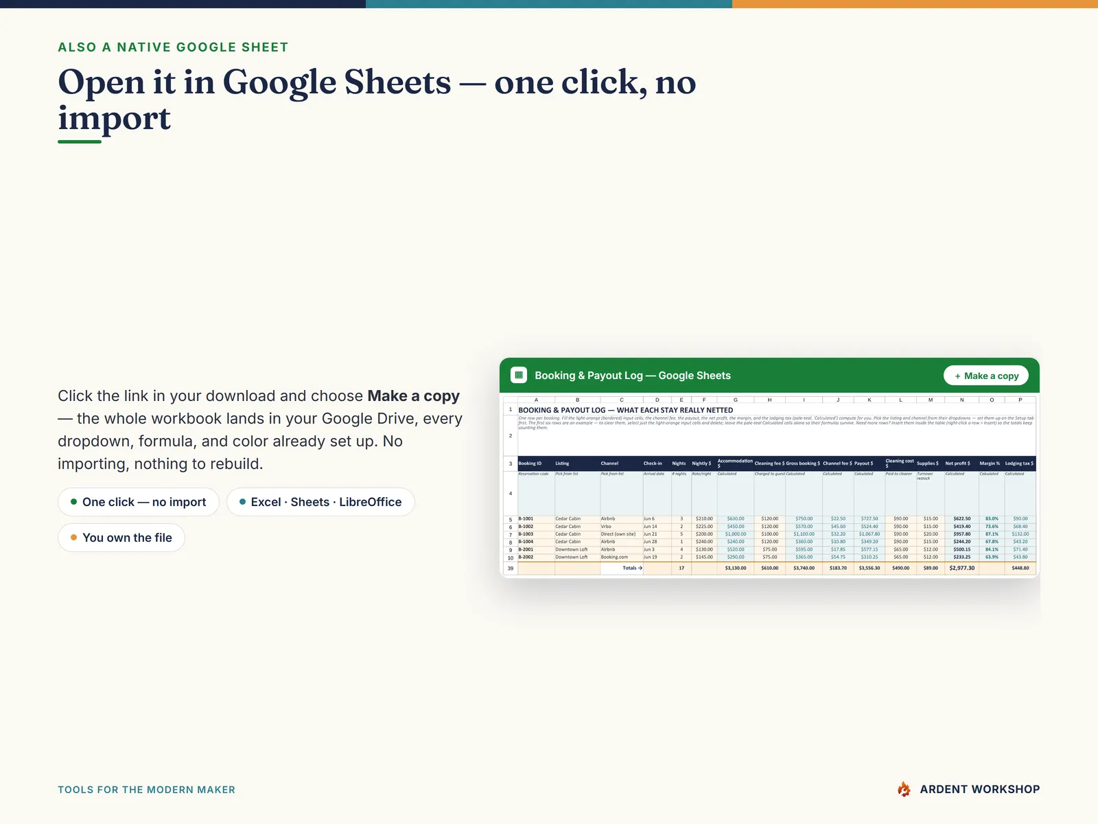 STR Owner P&L Workbook — also a native Google Sheet; open the included link and click Make a copy, no import needed