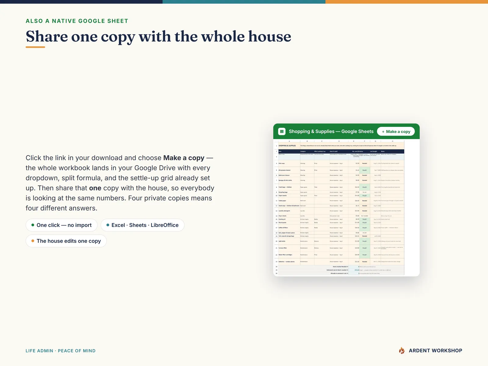 Also a native Google Sheet — open the included link, click Make a copy, and share one copy with the whole house