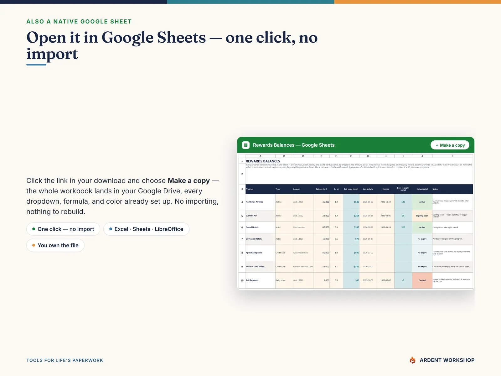 Also a native Google Sheet — open the included link and click Make a copy, no import needed