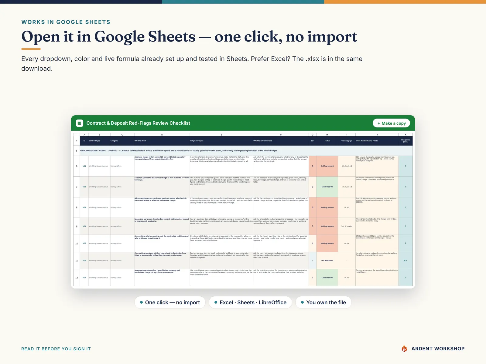 Open the Contract Red-Flags Review Checklist in Google Sheets with one click — Make a copy, no import needed