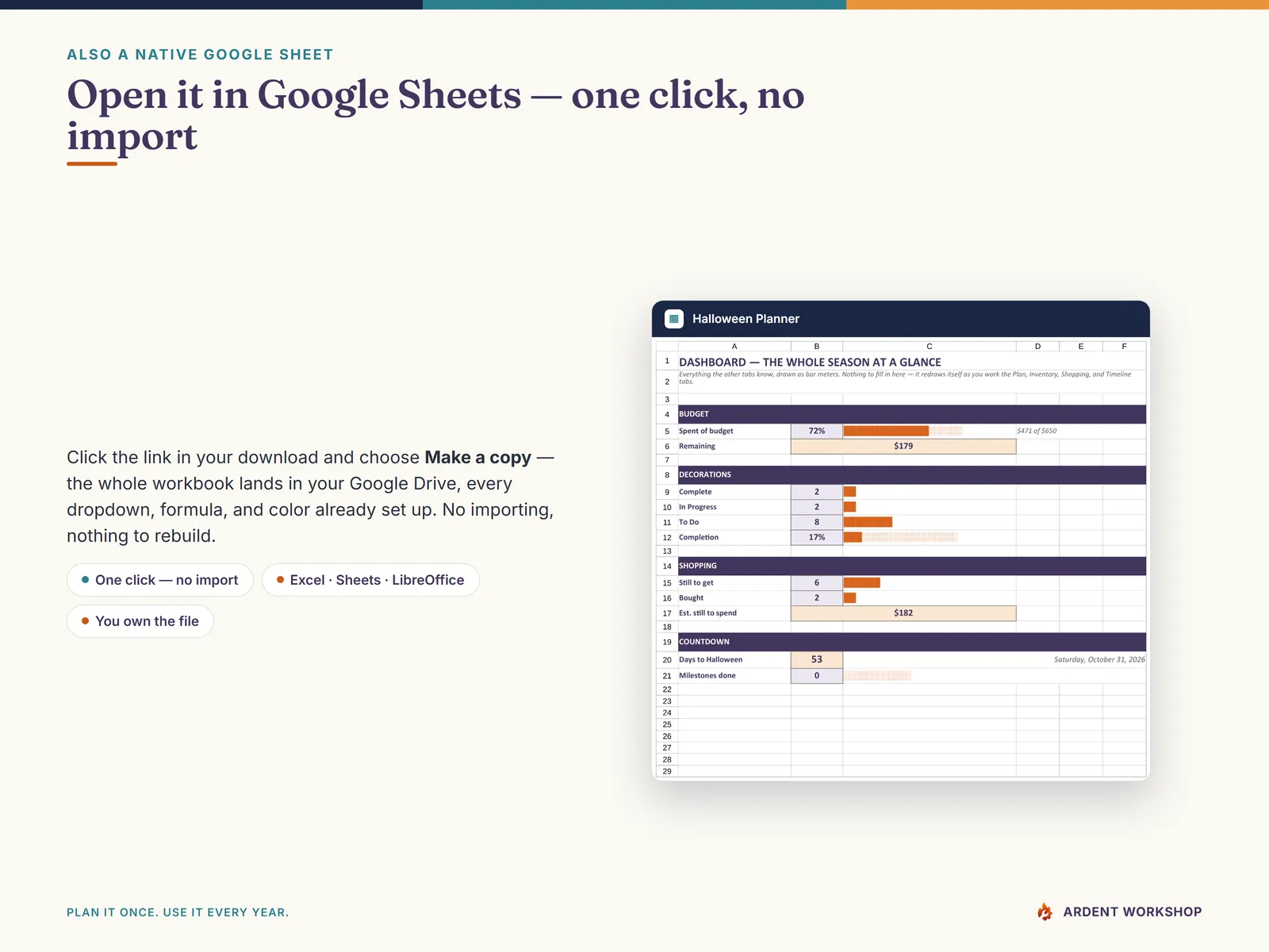 Open the Halloween Decoration Planner in Google Sheets — one click, no import