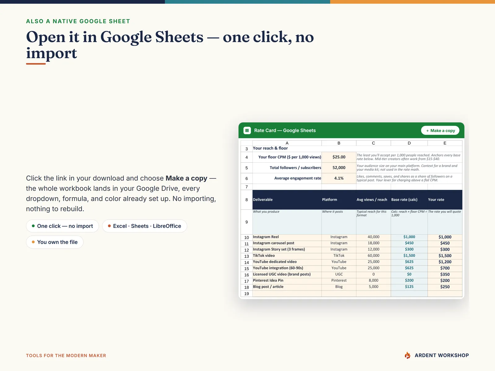 Also a native Google Sheet — open the included link and click Make a copy, no import needed