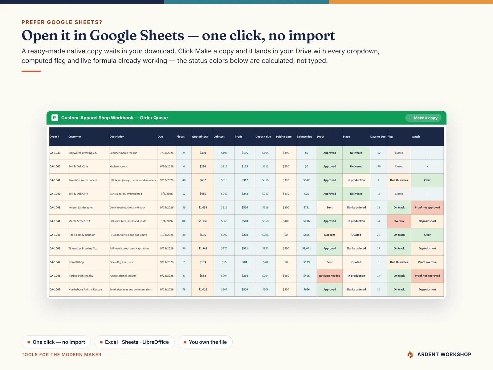 The Decoration Price Menu open in Google Sheets with a Make a copy button - one click, no import