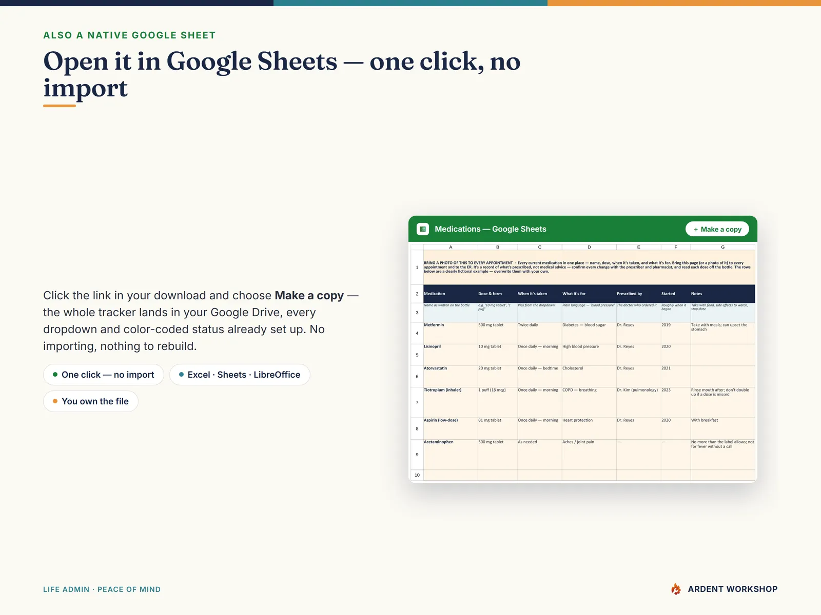 Medication & Appointment Tracker — also a native Google Sheet, open the included link and click Make a copy, no import needed