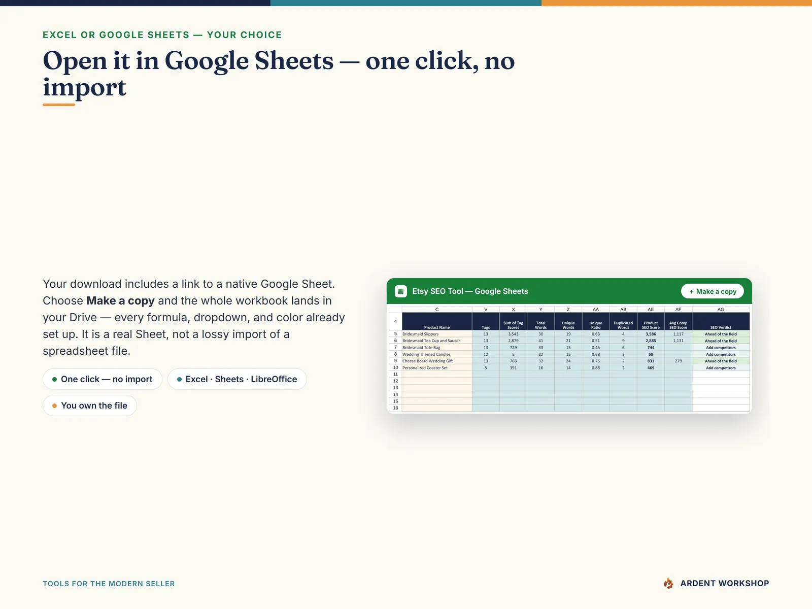 Etsy SEO Tool — open it in Google Sheets in one click, a native copy rather than a lossy import; works in Excel, Google Sheets, and LibreOffice