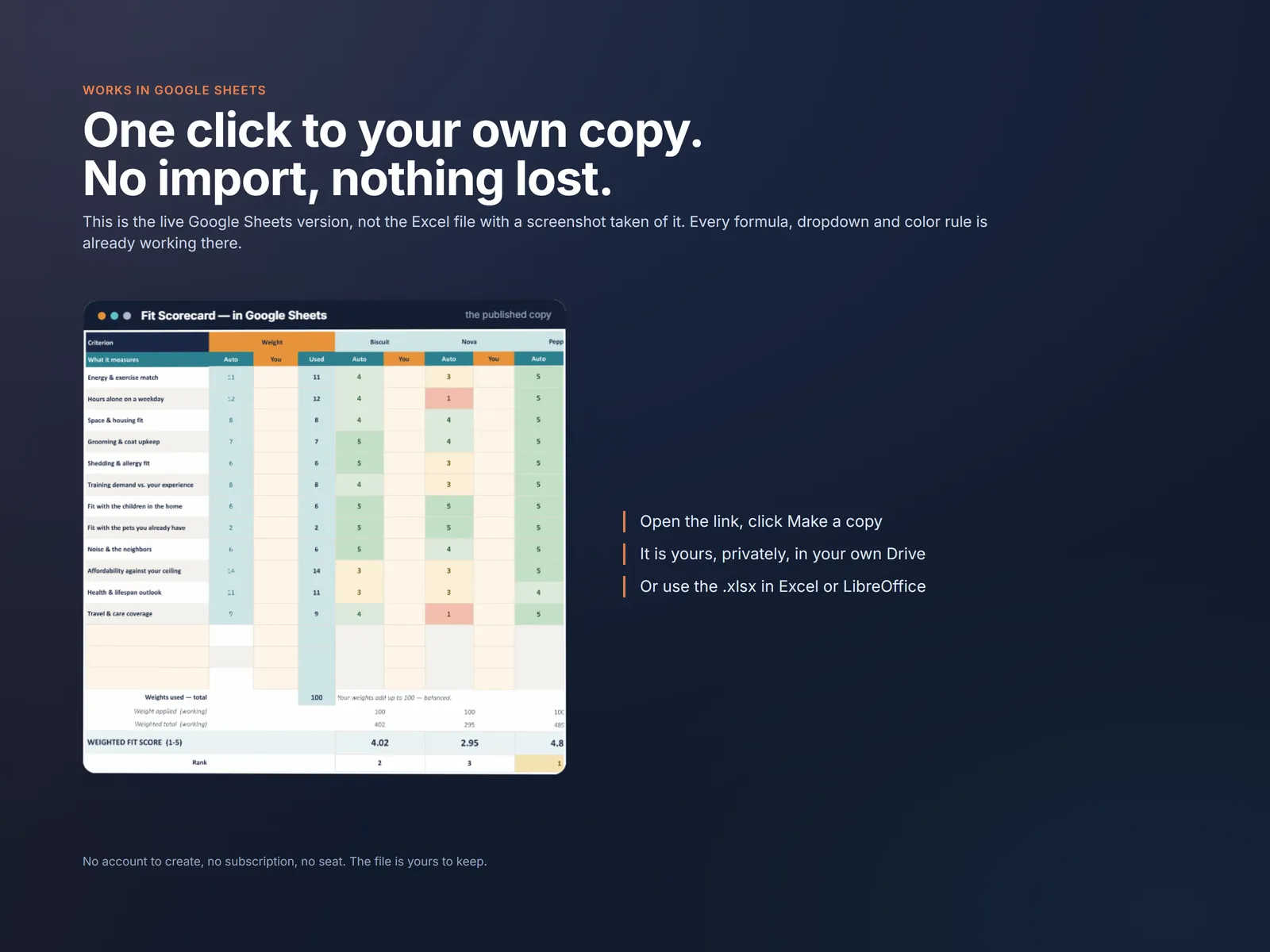 The Fit Scorecard running natively in Google Sheets - one click to your own copy, no import