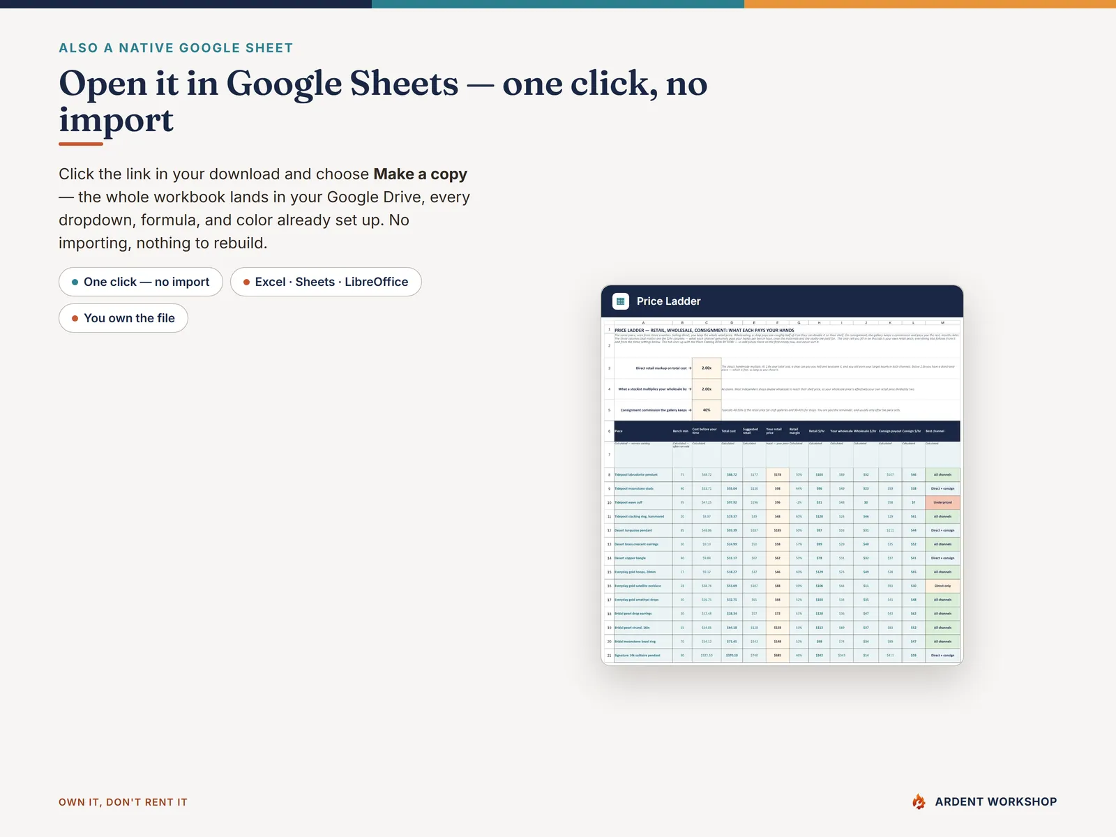 One-click native Google Sheets copy of the jewelry pricing workbook, no import needed