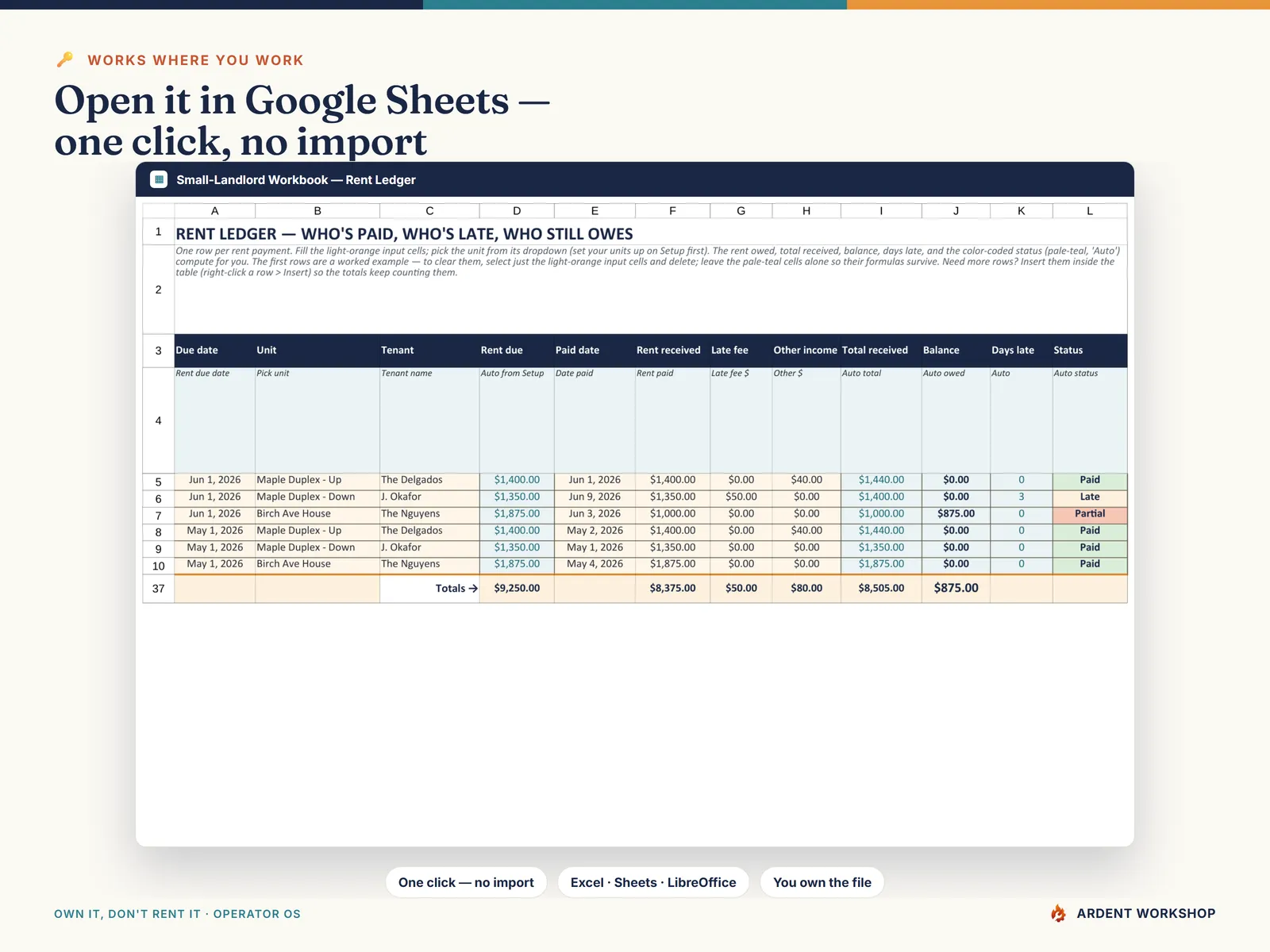 Small-Landlord Workbook — also a native Google Sheet; open the included link and click Make a copy, no import needed