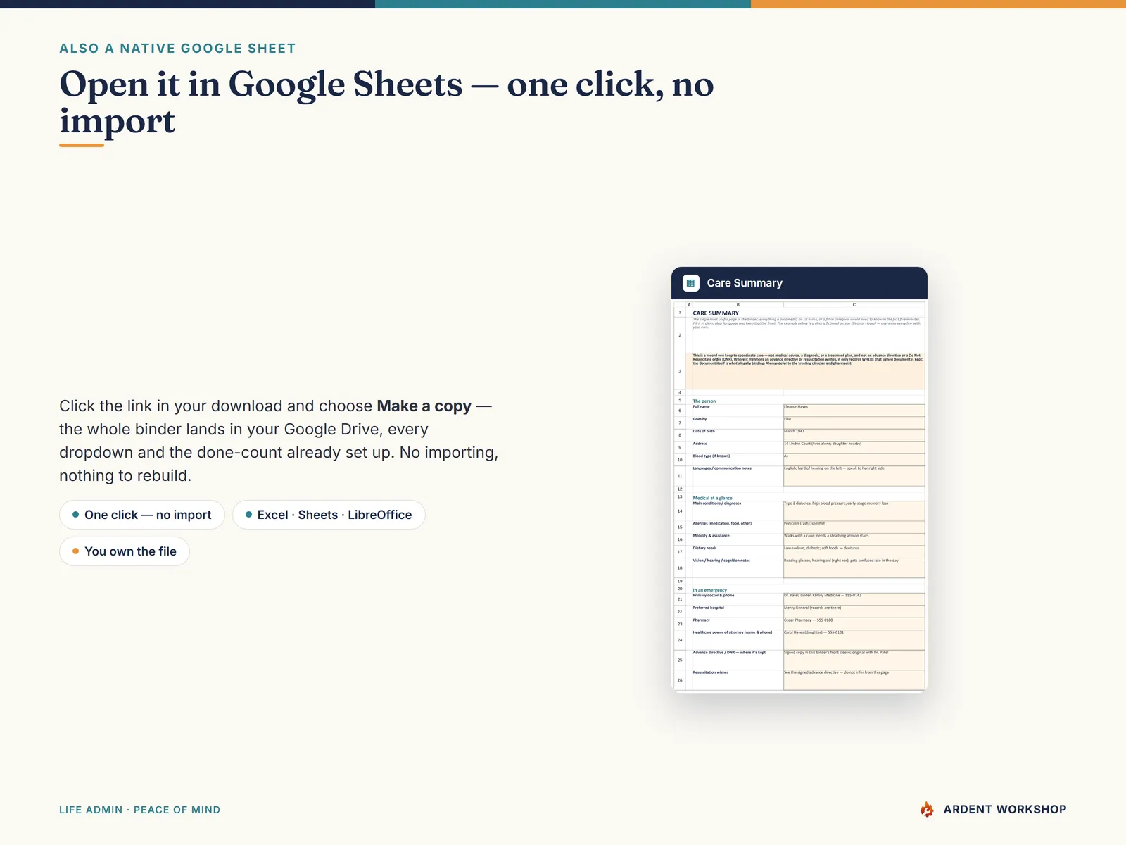 Caregiver Care Binder — also a native Google Sheet, open the included link and click Make a copy, no import needed