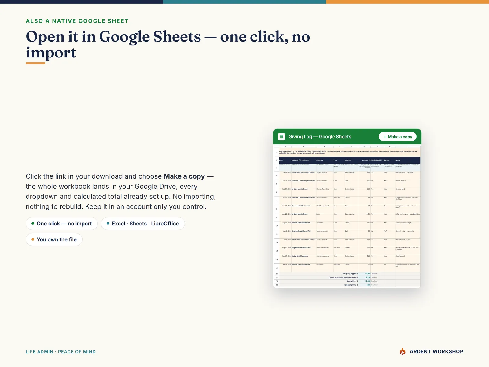Charitable giving workbook — also a native Google Sheet, open the included link and click Make a copy, no import needed