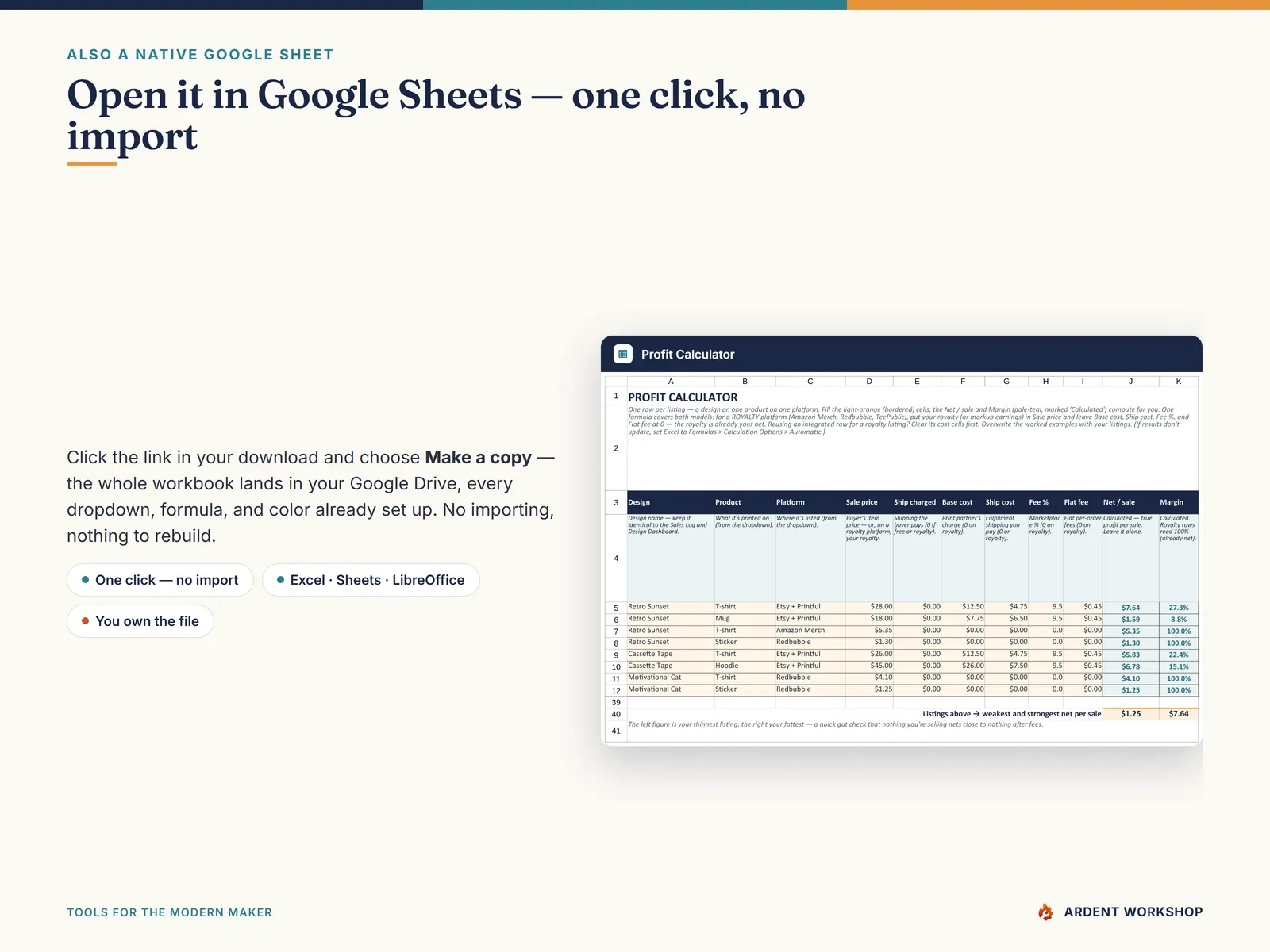 Print-on-Demand Profit & Design Tracker — also a native Google Sheet, open the included link and click Make a copy, no import needed