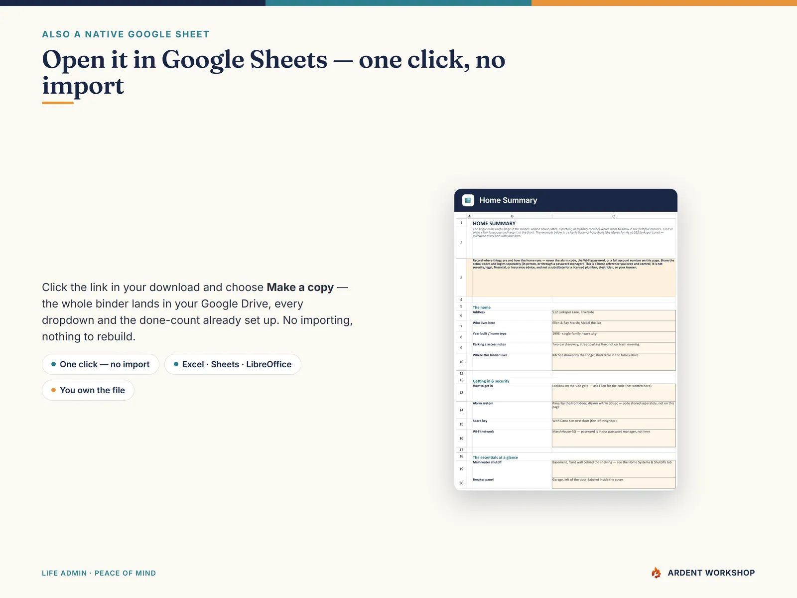 Household Operations Manual — also a native Google Sheet, open the included link and click Make a copy, no import needed