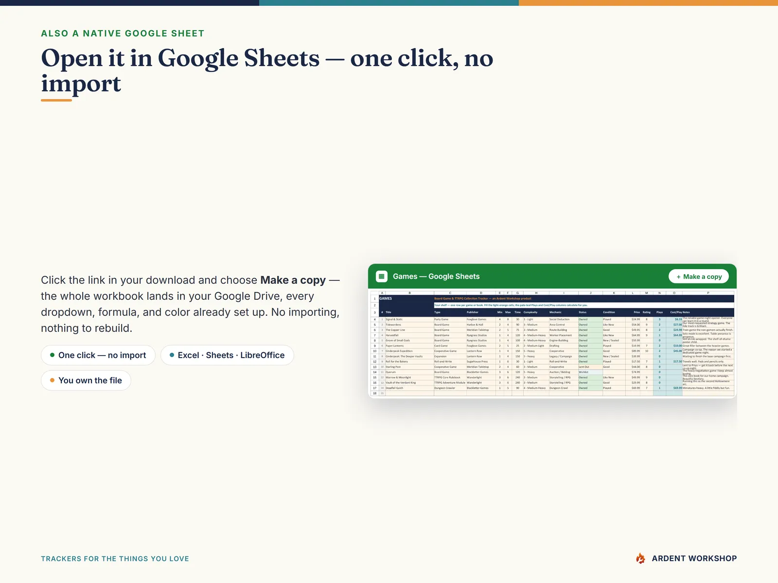 Also a native Google Sheet — open the included link and click Make a copy, no import needed