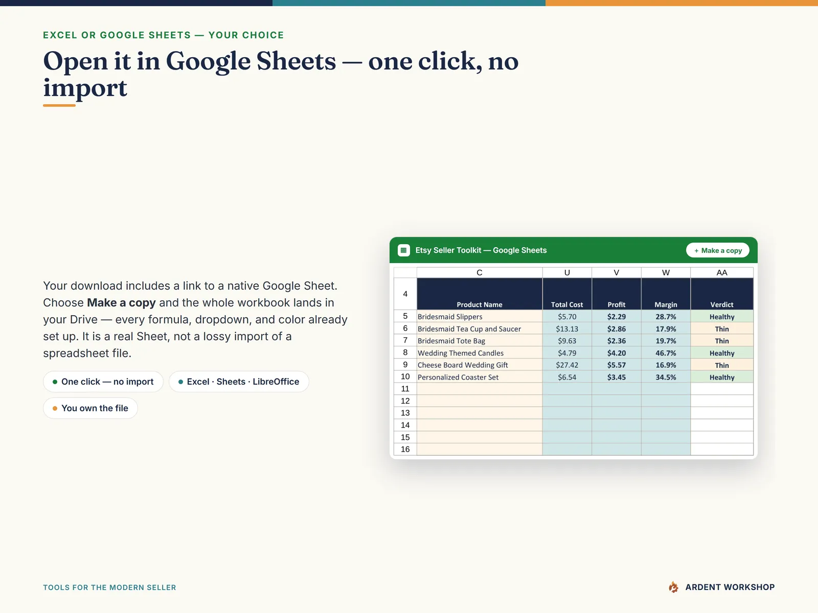 Etsy Seller Toolkit — open it in Google Sheets in one click, a native copy rather than a lossy import; works in Excel, Google Sheets, and LibreOffice