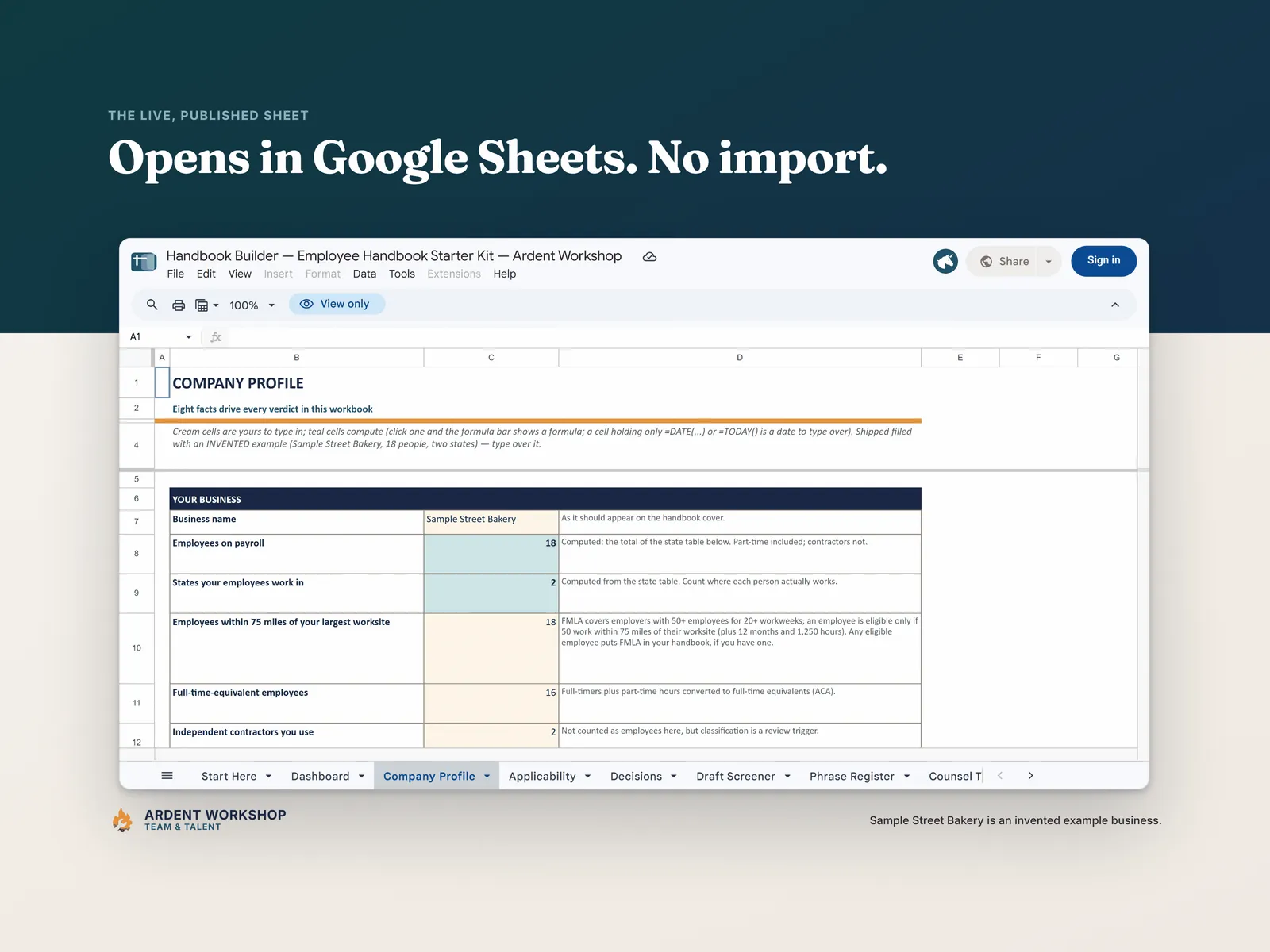 The live published Handbook Builder open in Google Sheets on its Company Profile tab, with the Sheets toolbar and tab strip