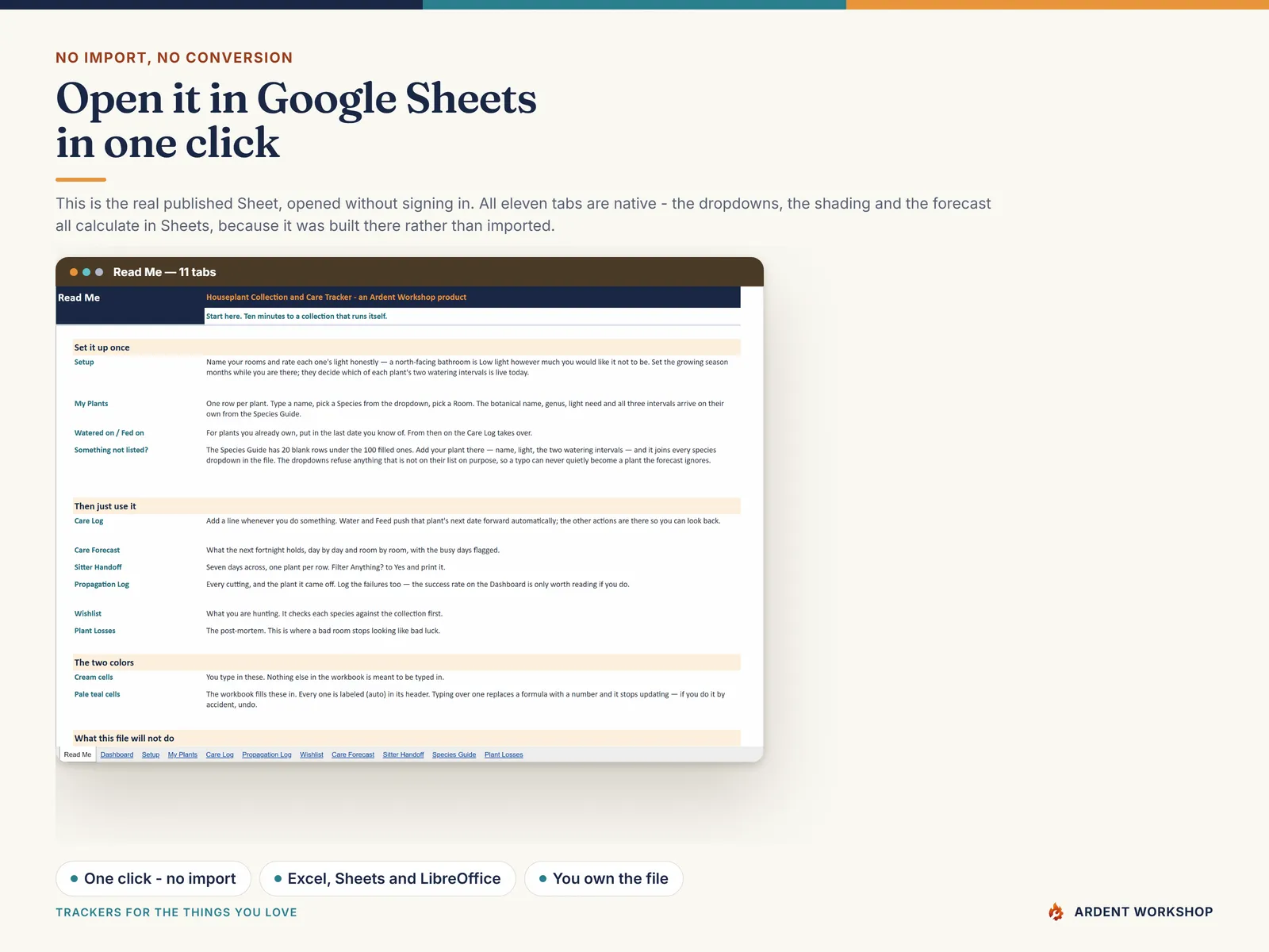 The published Google Sheet open with all eleven native tabs, no import needed