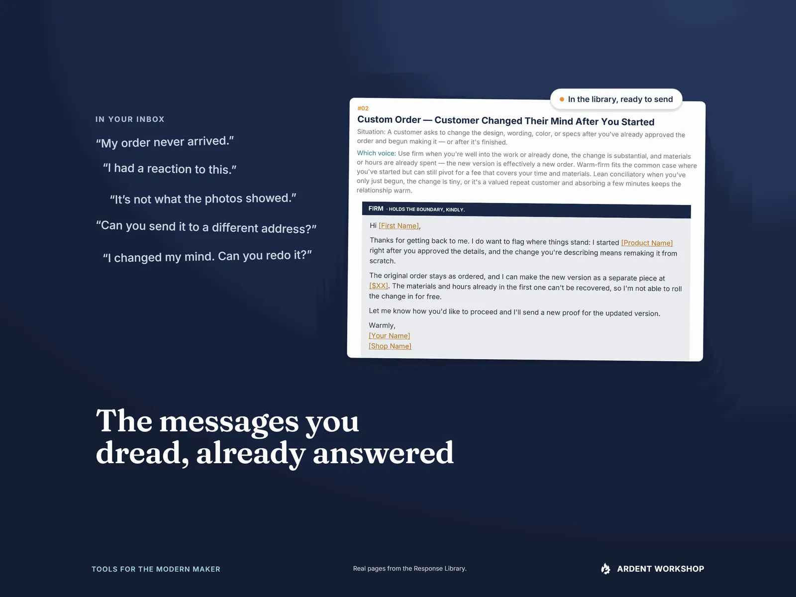 Maker's Customer Service Response Library — dreaded buyer messages such as "My order never arrived" and "I changed my mind. Can you redo it?" beside the real script that answers the last one
