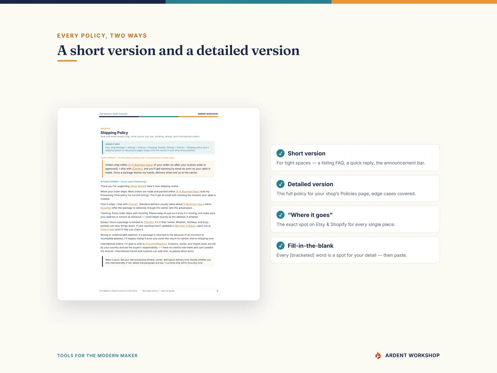 Maker's Shop Policies & FAQ Pack — a short version and a detailed version of every policy