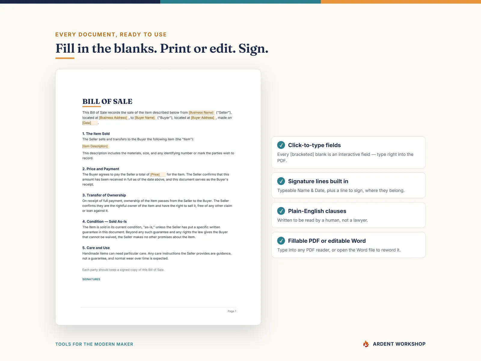 Craft Business Legal Pack — fill in the blanks, print or edit, sign: a real document with click-to-type fields
