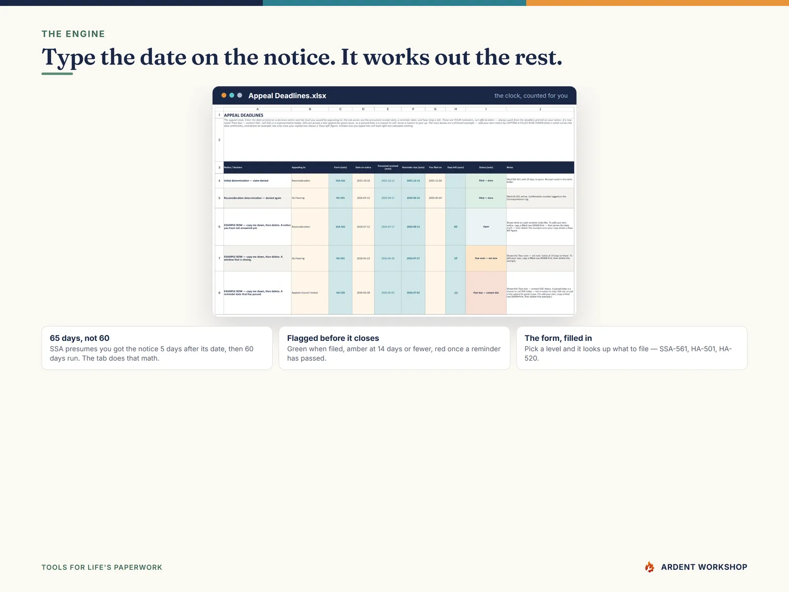 The Appeal Deadlines tab working out the presumed-receipt date, the reminder date, and the days left from the date on the notice