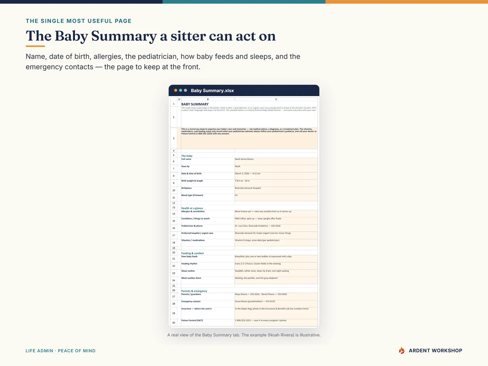 New-Baby Records Binder — the Baby Summary tab, the at-a-glance a sitter or grandparent needs first