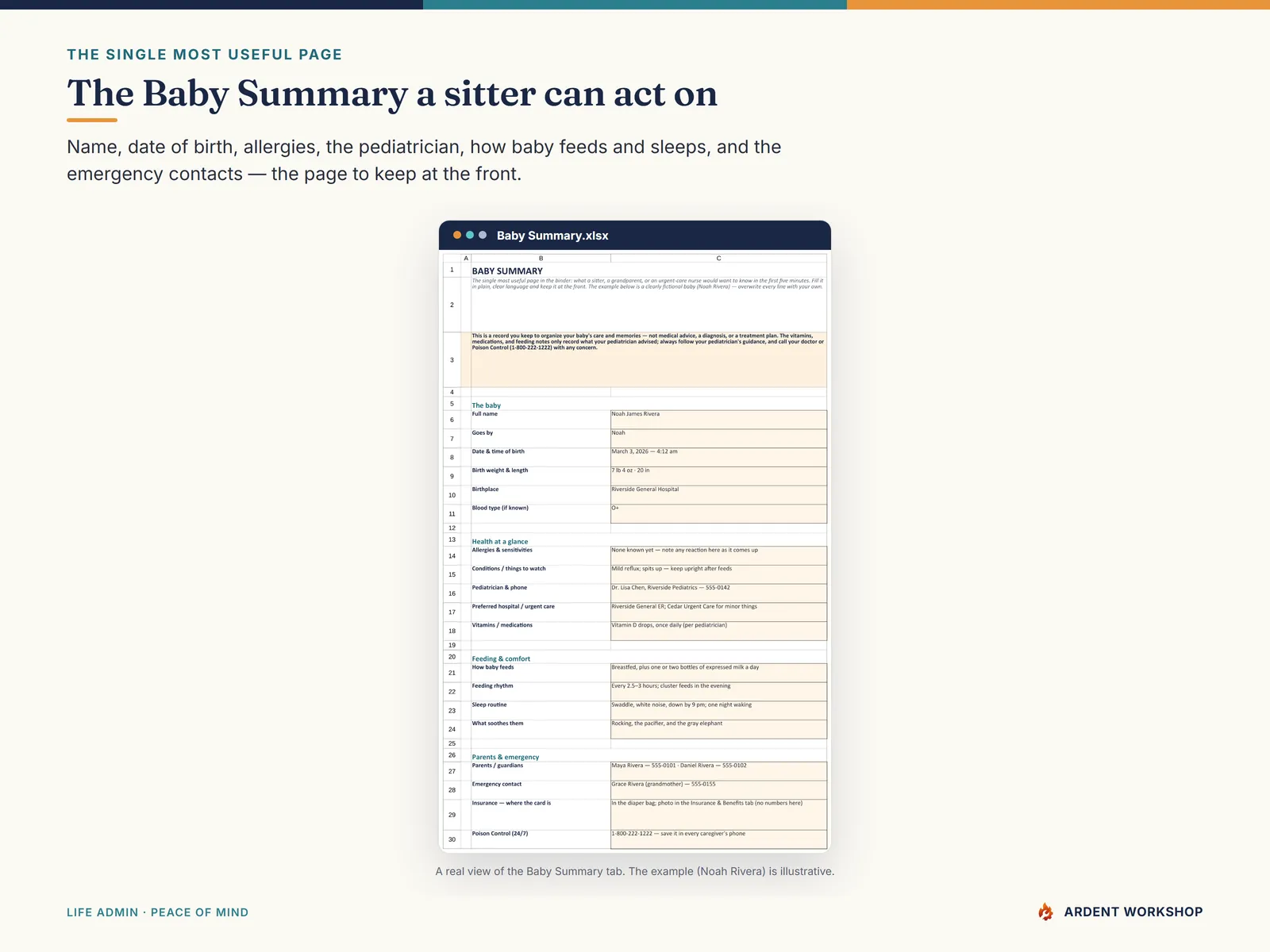 New-Baby Records Binder — the Baby Summary tab, the at-a-glance a sitter or grandparent needs first