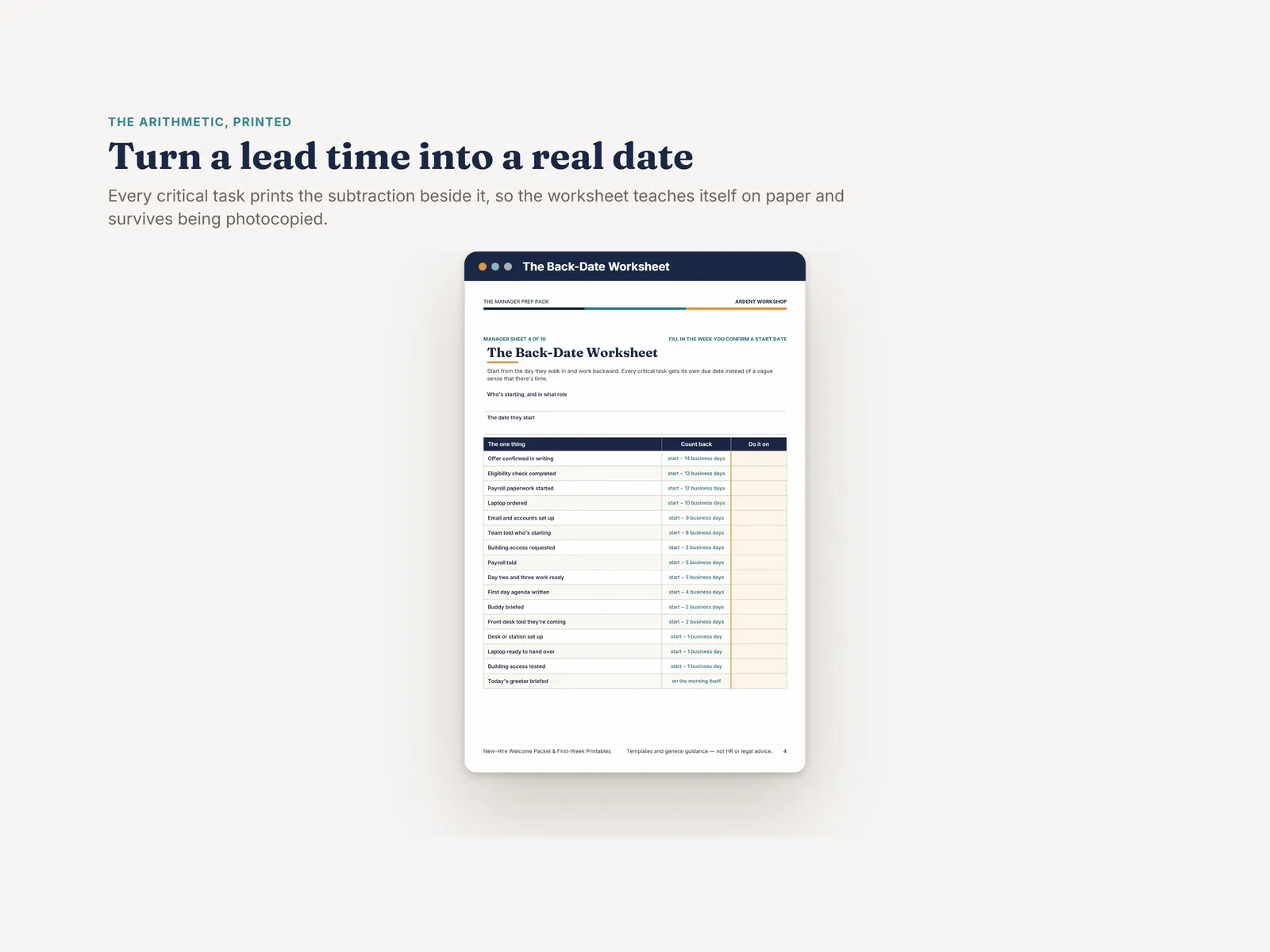 The Back-Date Worksheet — every critical task with the subtraction printed beside it, and a column to write the real date it falls on